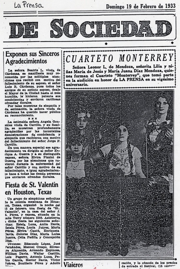  An article in La Prensa about Lydia Mendoza and her quartet, February 19, 1933. 