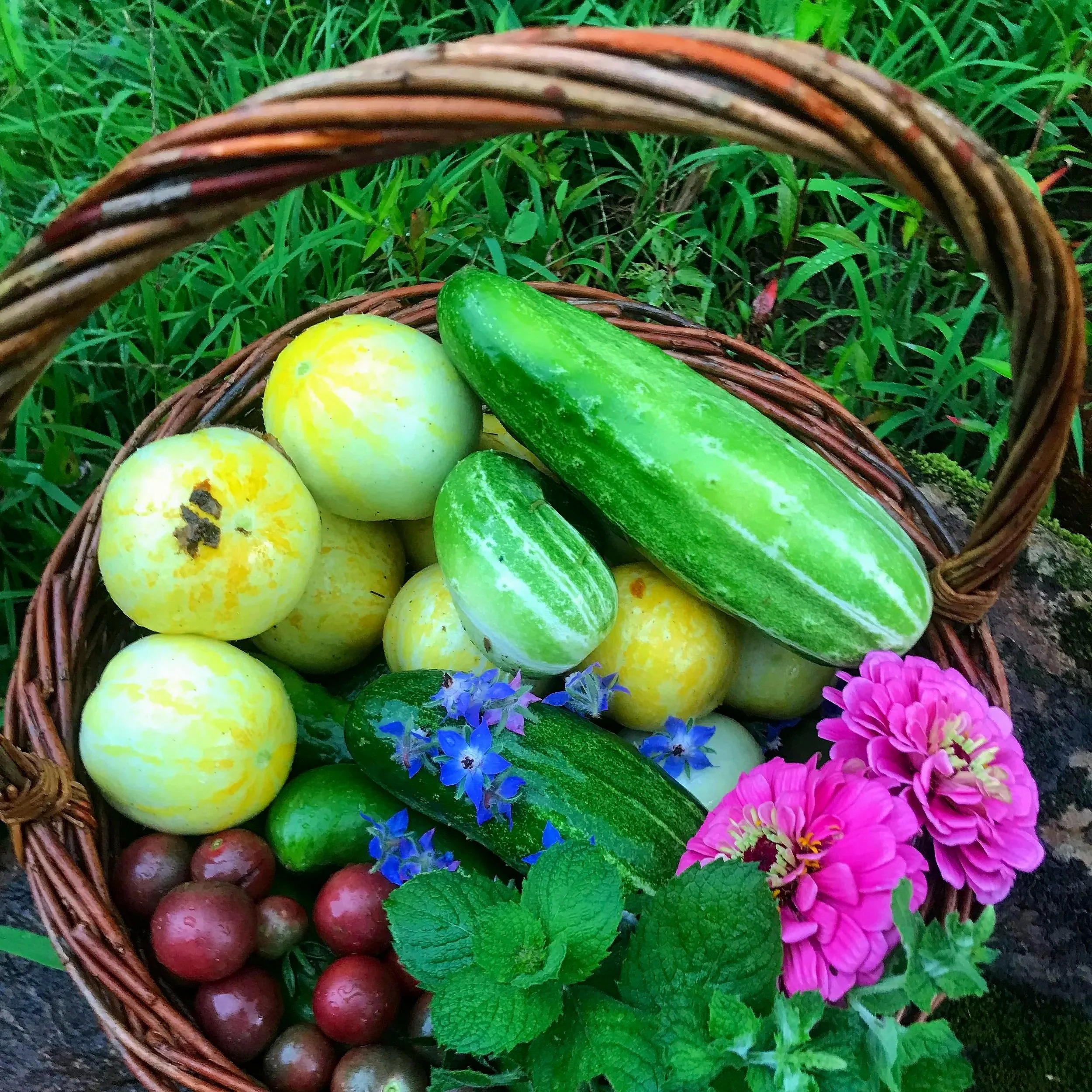 A basket of fresh fruits and vegetables with pink flowers and green leaves.