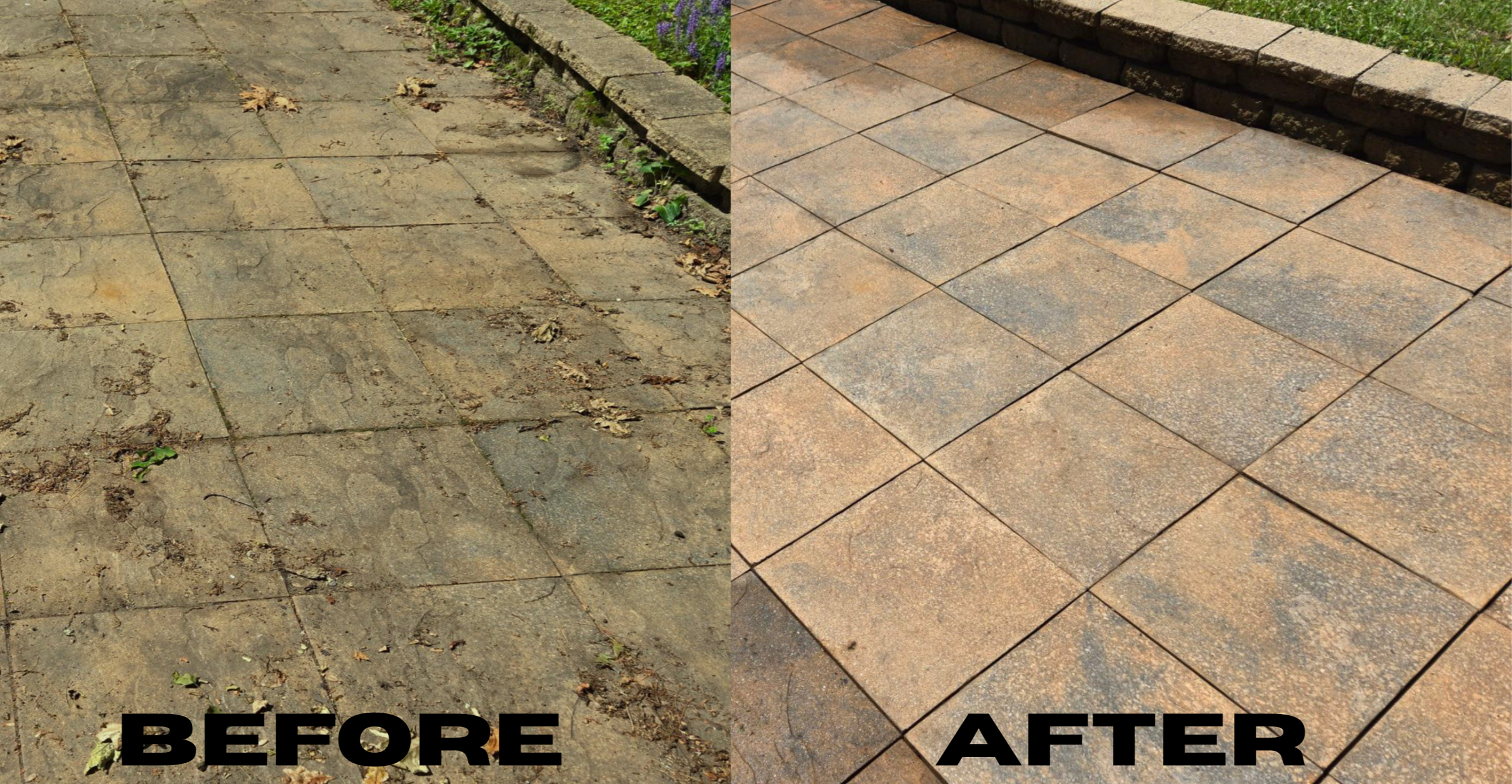 Side-by-side comparison of a dirty, stained, and uneven concrete patio before cleaning and a clean, refurbished, and even stone patio after cleaning.