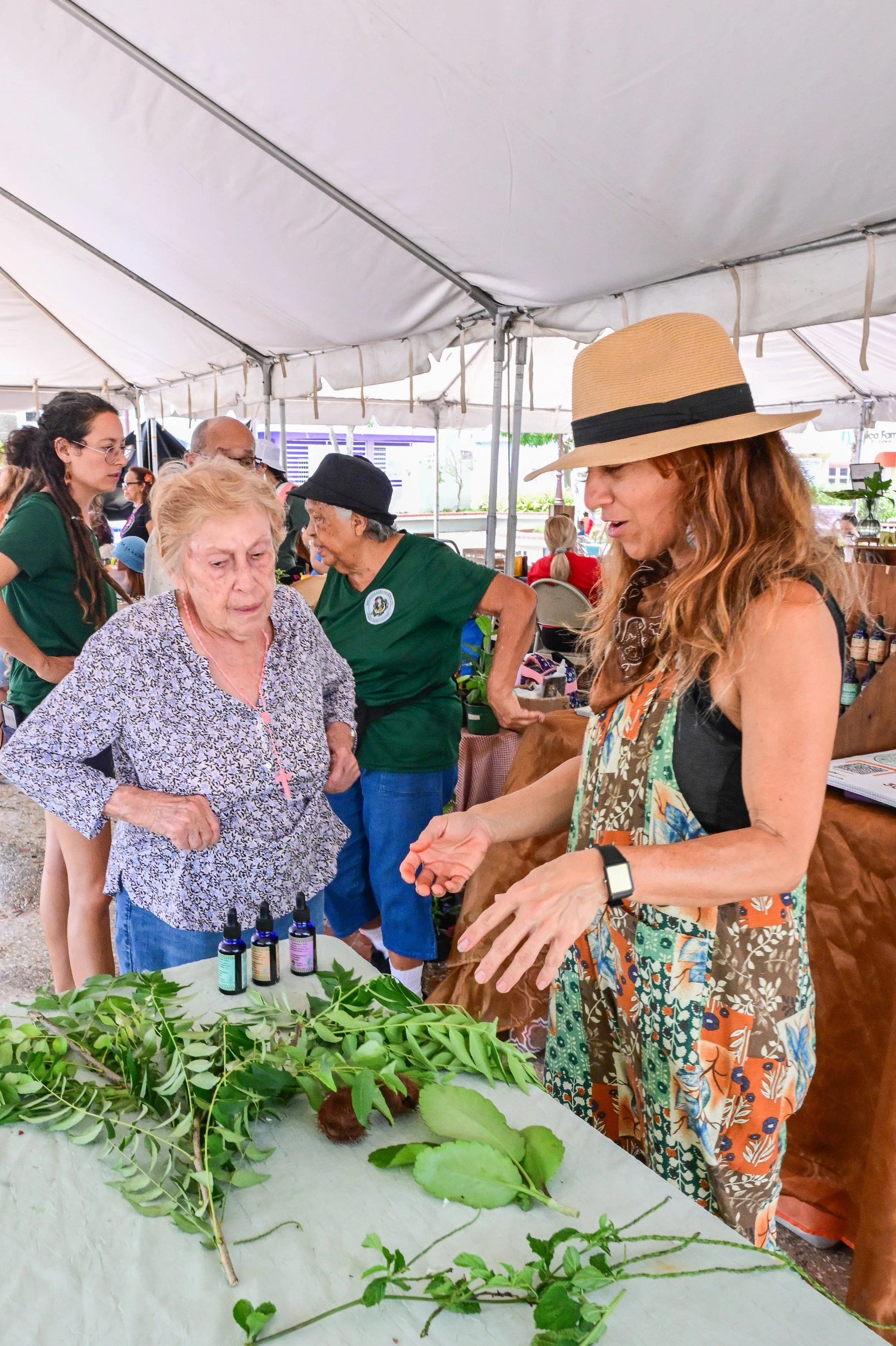 A woman in a floral dress and wide-brimmed hat demonstrates herbal remedies to a group of older women under a large white tent. The table in front has various herbs and small bottles, indicating a herbal or wellness workshop.
