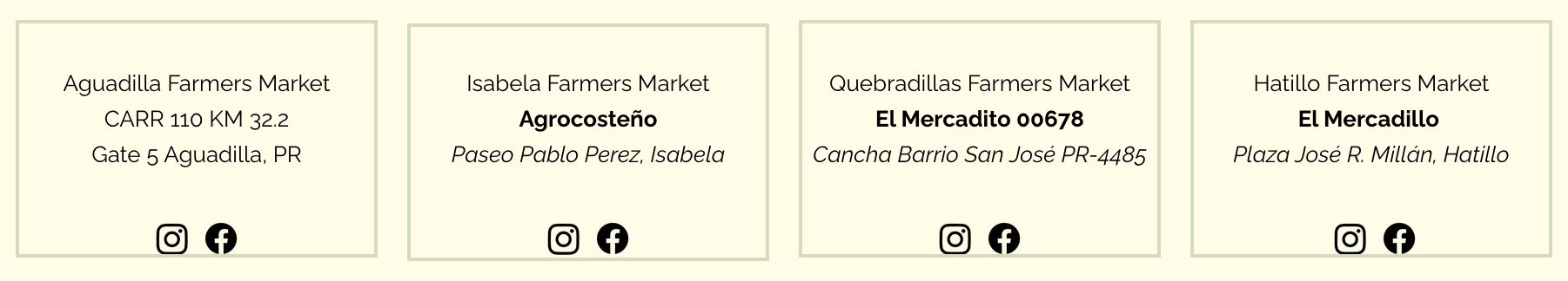 Four informational boxes about different farmers markets, including names, locations, and social media icons for Instagram and Facebook.