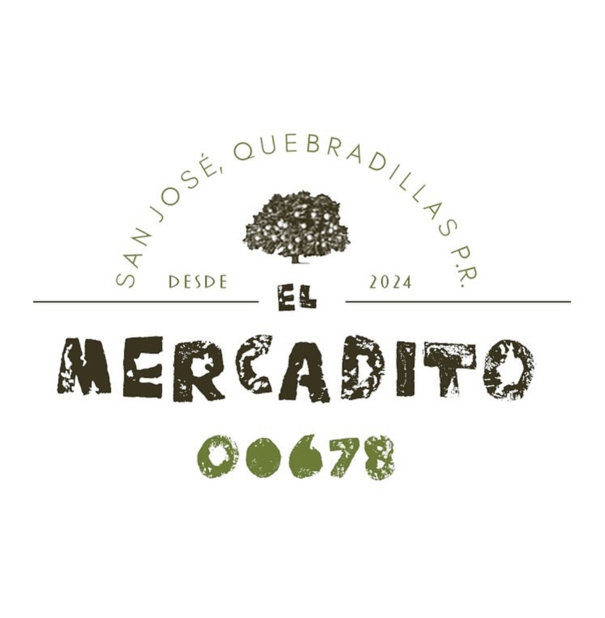 Logo for El Mercadito, a market established in 2024 by San Jose, Quebradillas, P.R., featuring a tree illustration and stylized text.