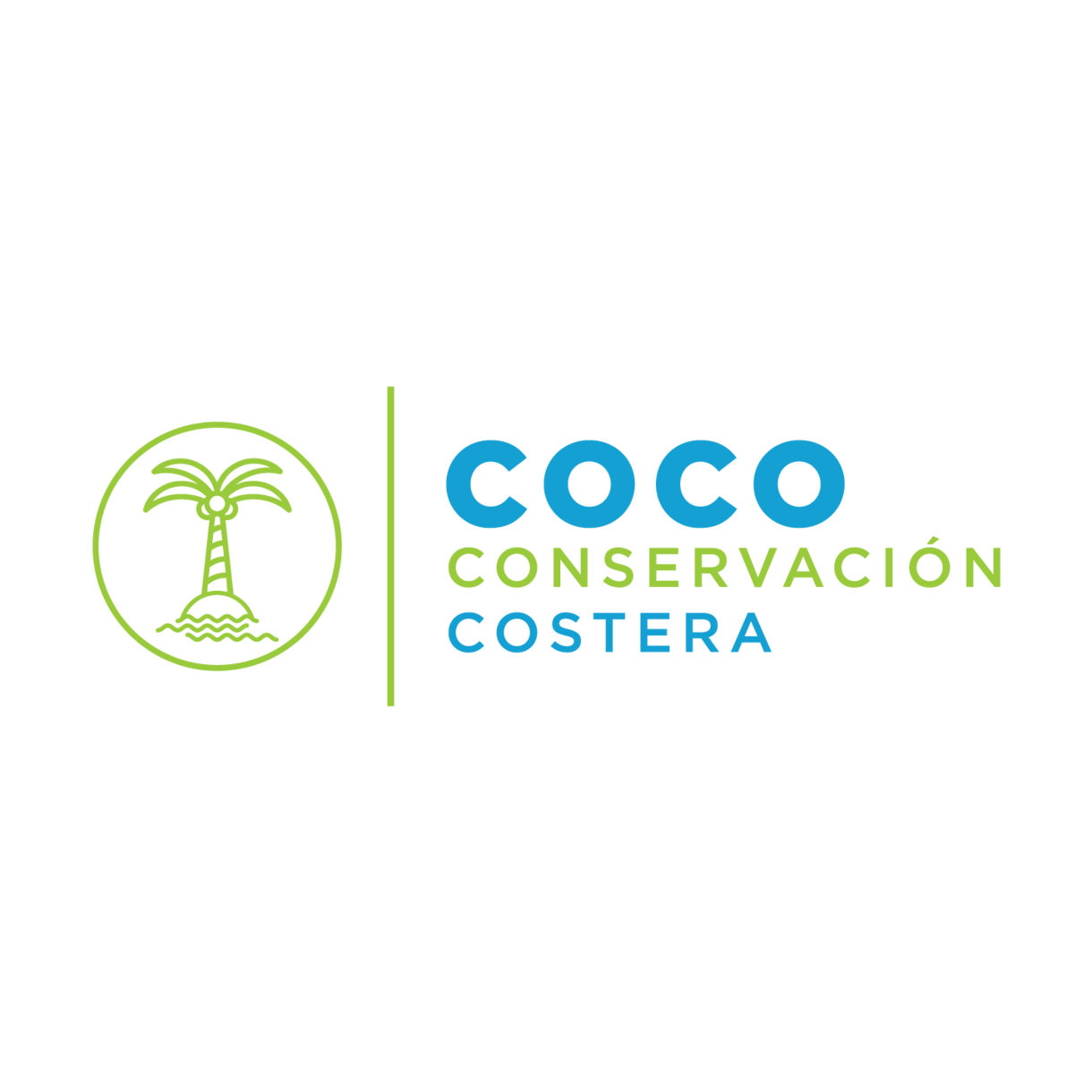 Logo for Coco Conservación Costera featuring a green circle with a palm tree and waves, and the text 'COCO CONSERVACIÓN COSTERA' in blue and green.