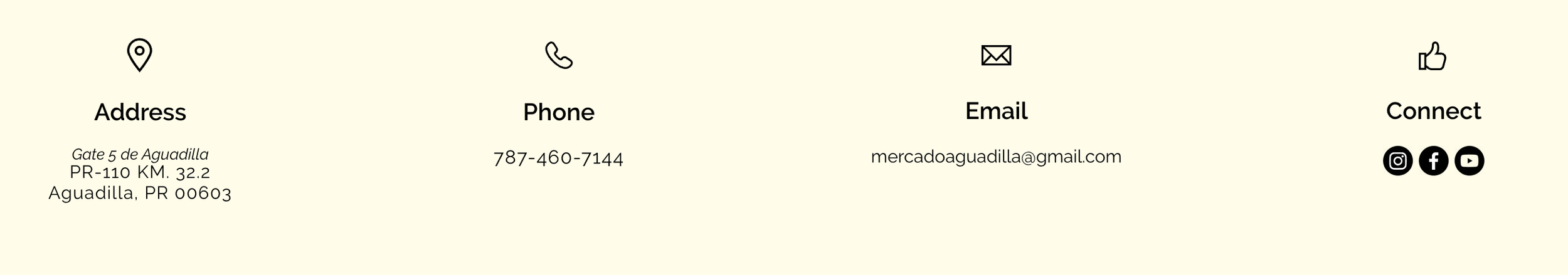 Contact information section with icons for address, phone, email, and social media. Address is Gate 5 de Aguadilla, PR 110 KM 32.2, Aguadilla, PR 00603. Phone is 787-460-7144. Email is mercadoaguadilla@gmail.com. Social media icons for Instagram, Facebook, and YouTube.