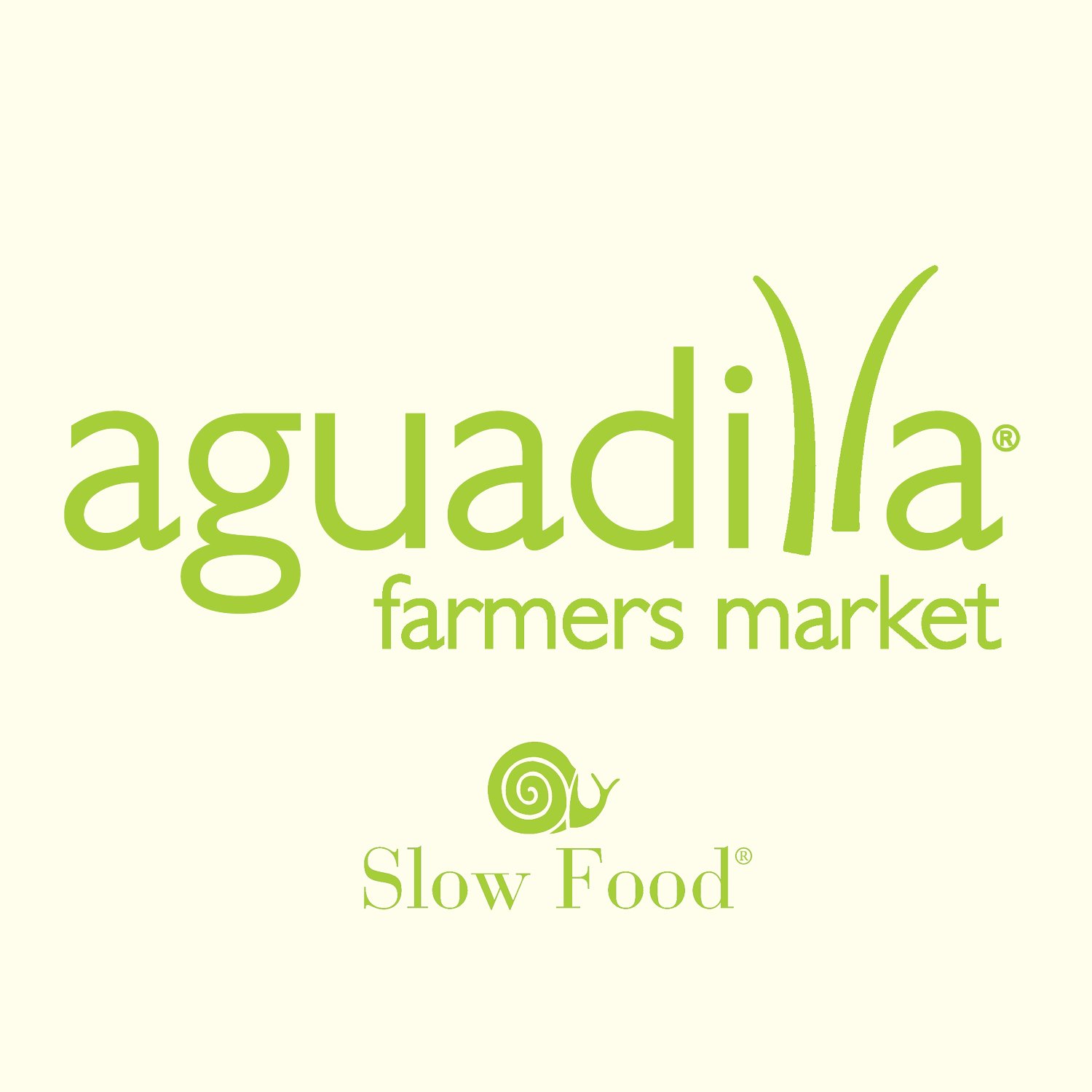Logo for Aqualia Farmers Market, a Slow Food initiative, with a green snail icon and green text on a cream background.