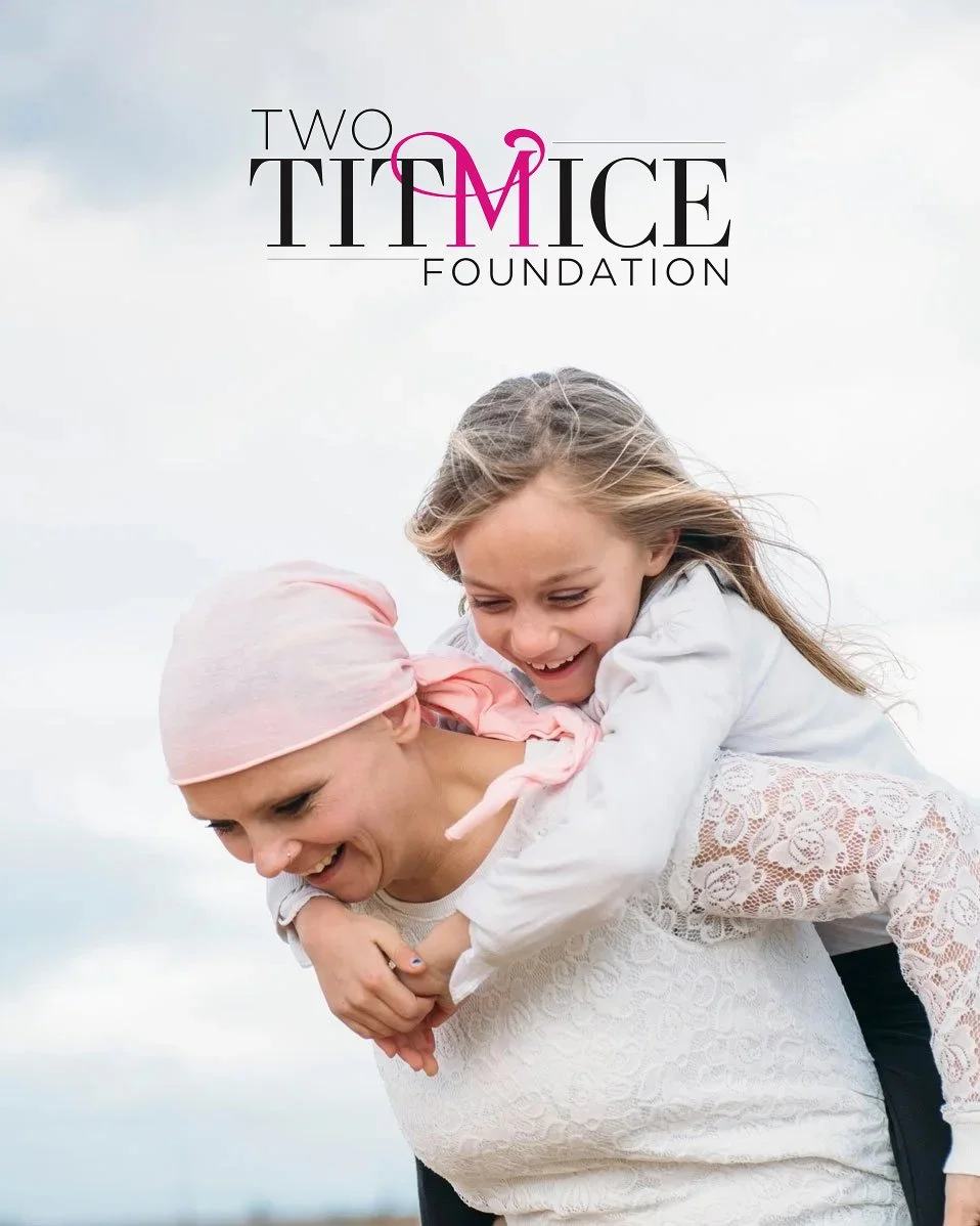 Two Titmice Foundation logo with mom battling breast cancer laughing and smiling happily with daughter on back.