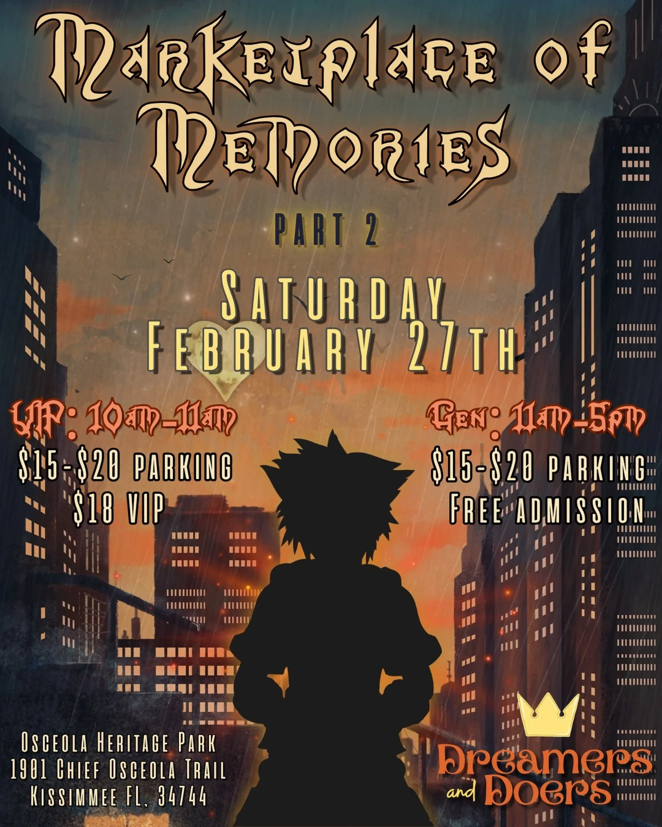 You can celebrate Kingdom Hearts 25th anniversary AND the new game with us here in Central FL happening Saturday February 27th💙🗝️✨

This is a market with 100+ vendors, free activities, cosplay contest, flash tattoos, AND SO MUCH MORE‼️

This is an 