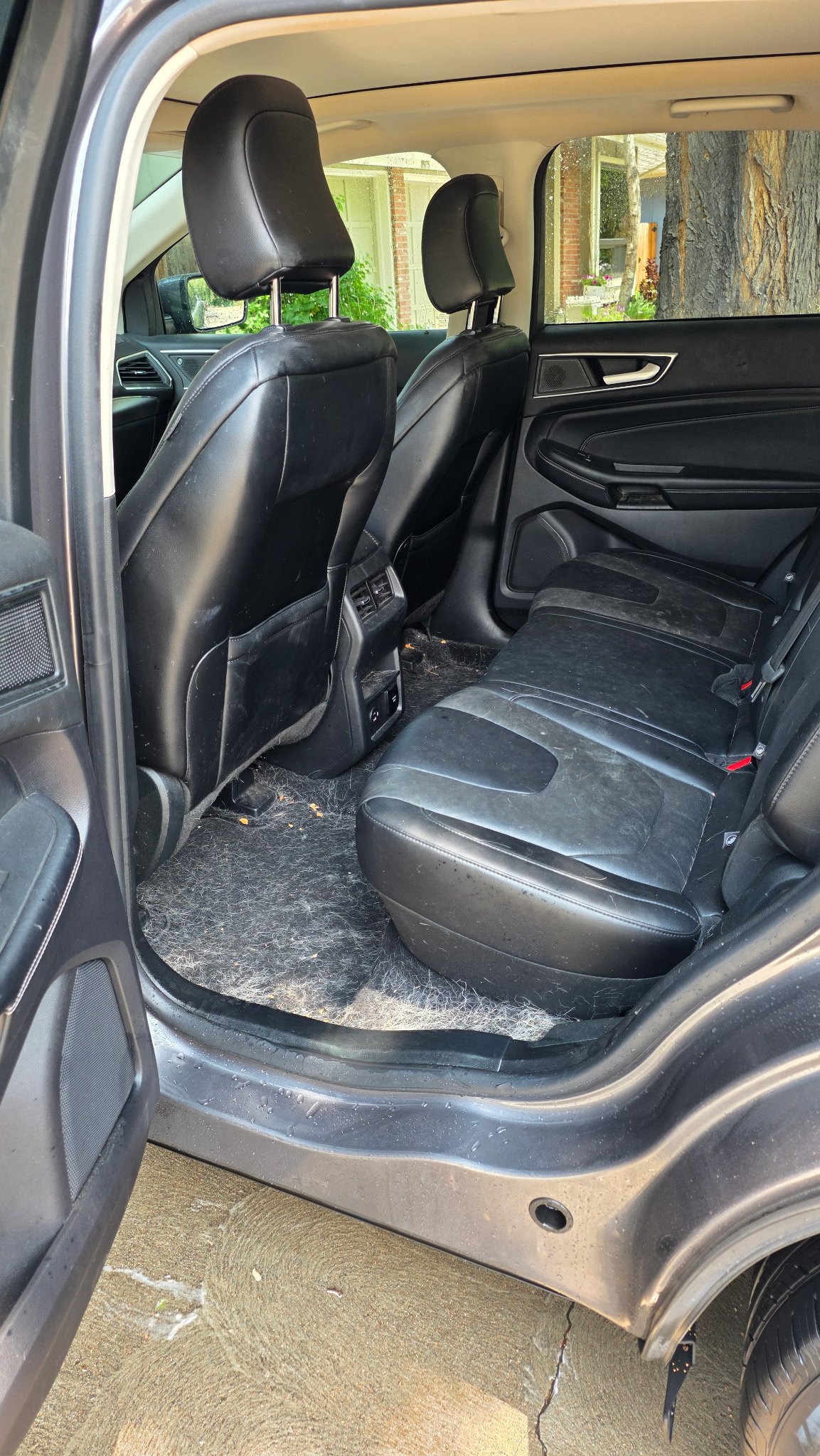 The rear interior of a black SUV showing the back seats, black leather upholstery, and the back of the front seats. The floor has some dirt and debris, and the side door is open.