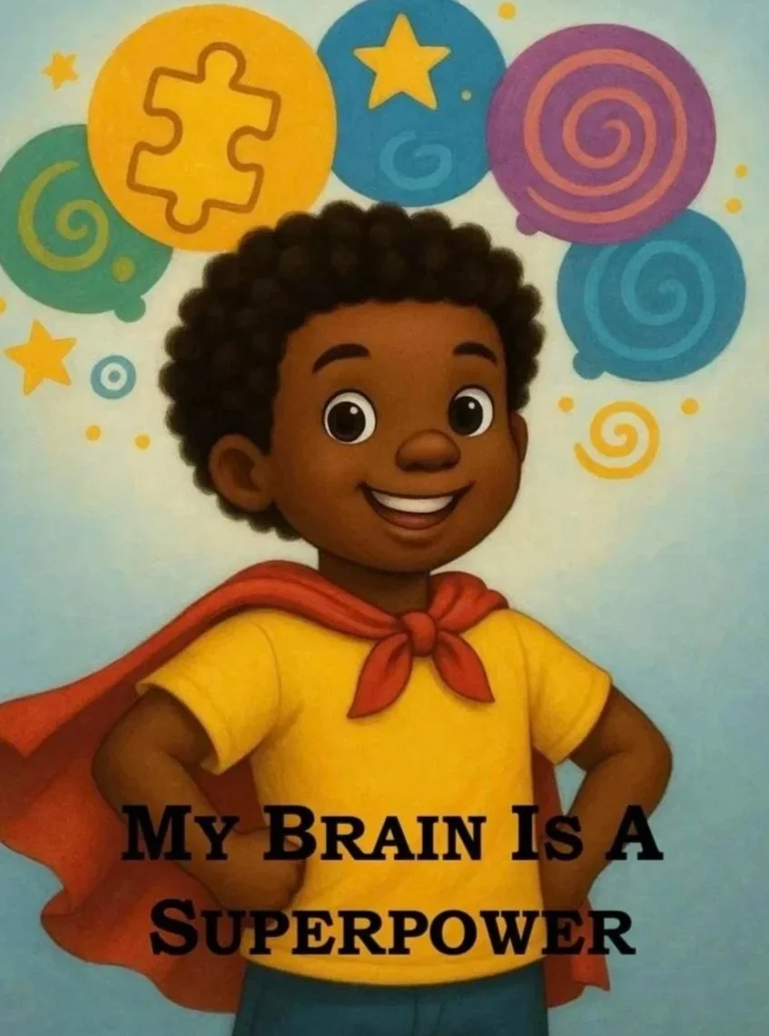 A cartoon illustration of a smiling young boy with short curly hair, wearing a yellow shirt and red cape. The background features colorful swirls, stars, and puzzle piece shapes. Text at the bottom reads, "My Brain Is a Superpower."