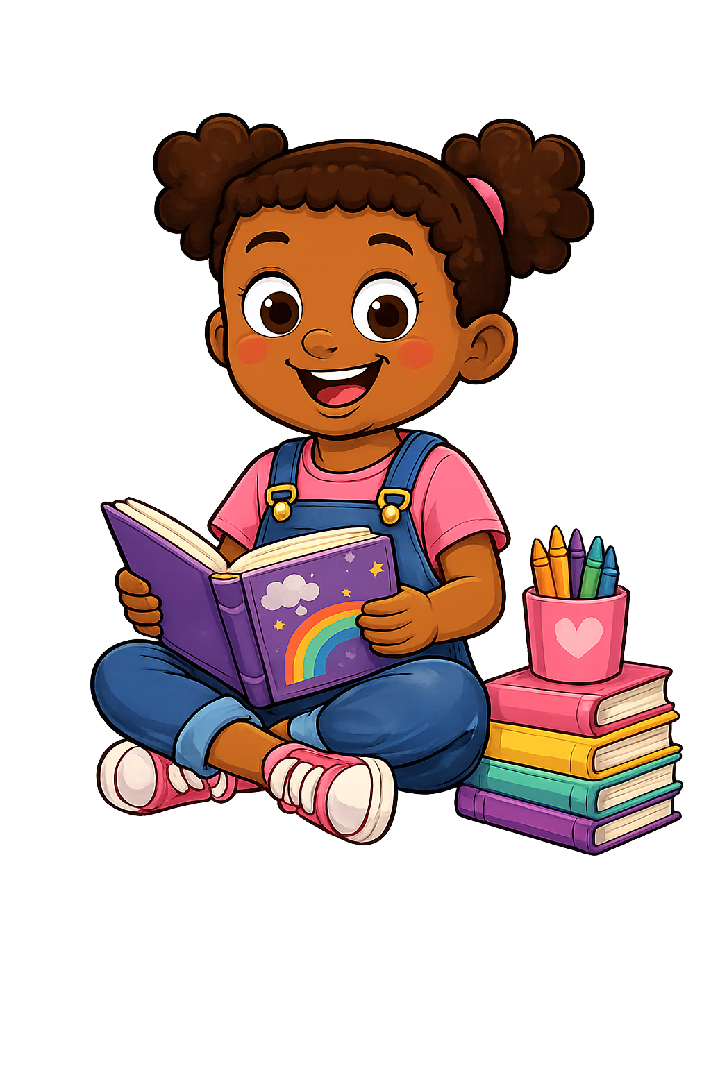 A young girl with brown hair in pigtails sitting cross-legged, reading a purple book with a rainbow and clouds on the cover, surrounded by colorful books and a container of crayons on a pink cube.