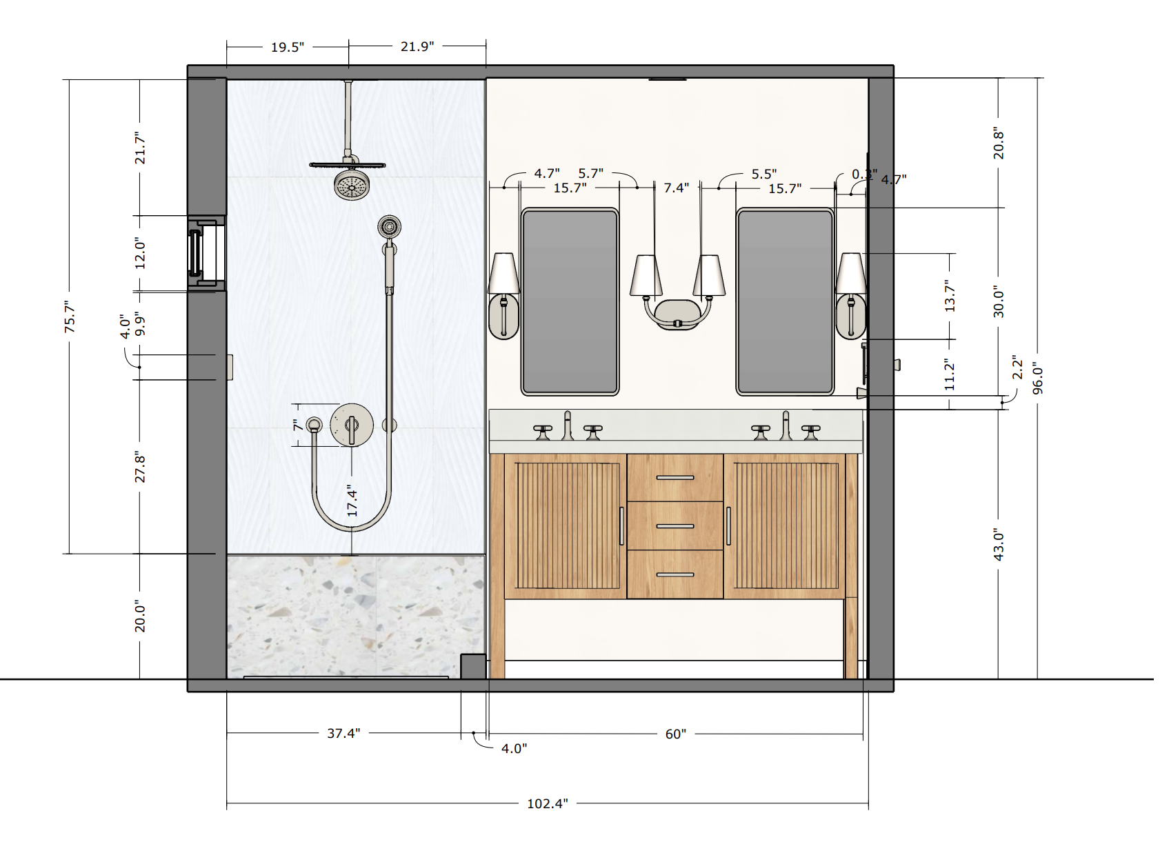 Architectural blueprint of a bathroom showing measurements, with a shower area, vanity cabinets, and two mirrors.
