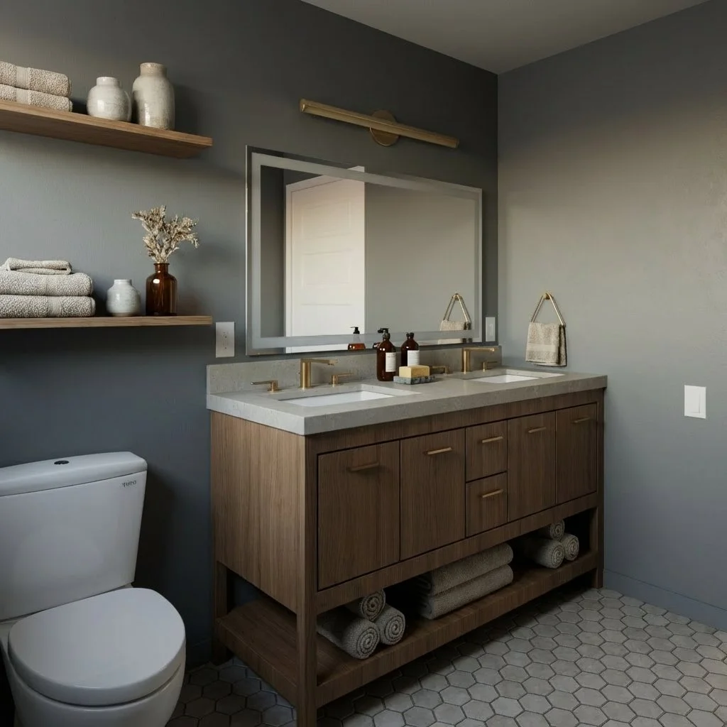 Modern bathroom featuring a double vanity with a large mirror, wooden cabinetry, two under-mount sinks with gold fixtures, and a wall-mounted light fixture. Decor includes stacked towels, vases, and a small towel hanging on a hook. A white toilet is visible, and hexagonal tile flooring completes the space.