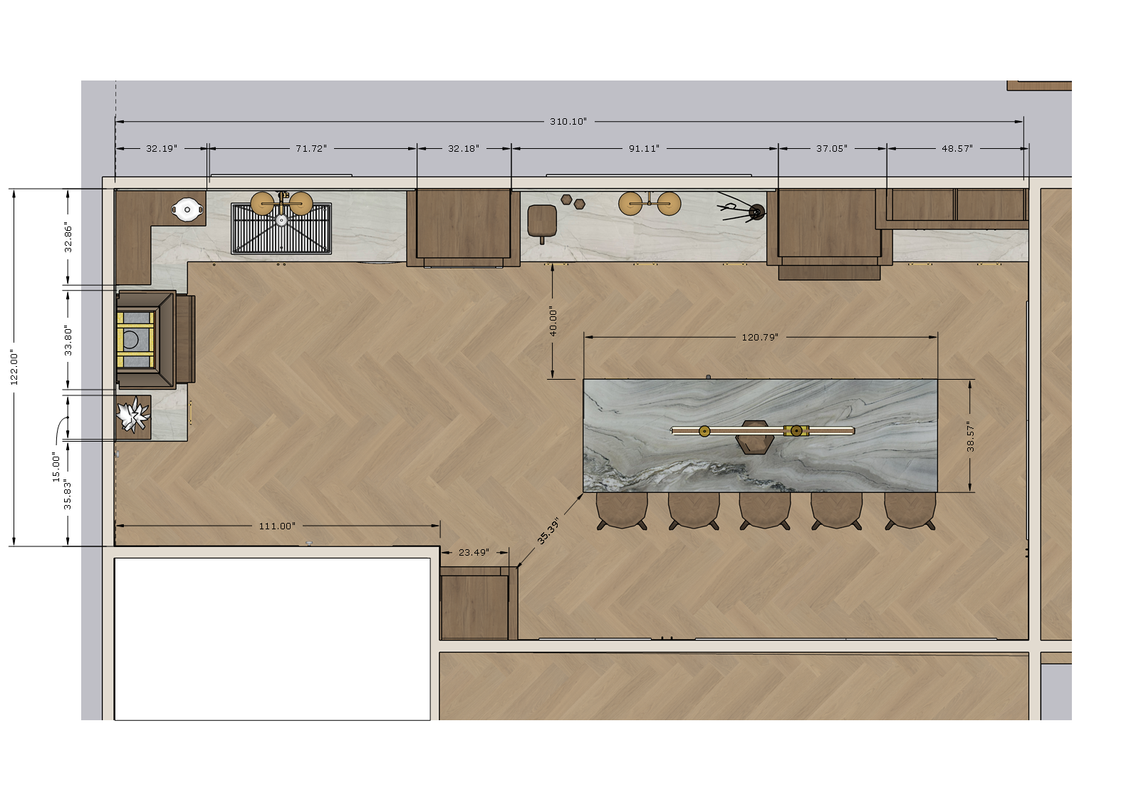 Floor plan of a kitchen featuring a large central island with six chairs, a stove, sink, and countertop with cabinets along the walls. Dimensions are indicated throughout.