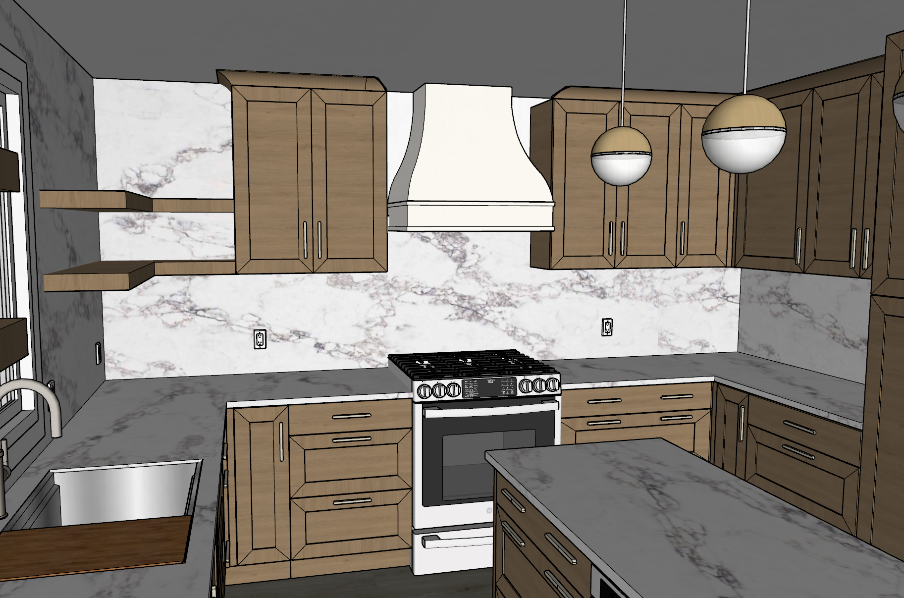Floor plan of a kitchen featuring a large central island with six chairs, a stove, sink, and countertop with cabinets along the walls. Dimensions are indicated throughout.