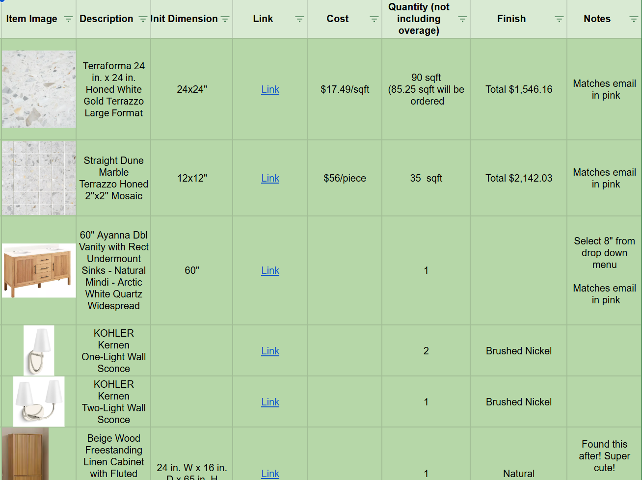 This image shows a detailed inventory table listing various home decor and renovation items, including tiles, a vanity, light fixtures, and a cabinet, with specifications, quantities, prices, and notes for each item.