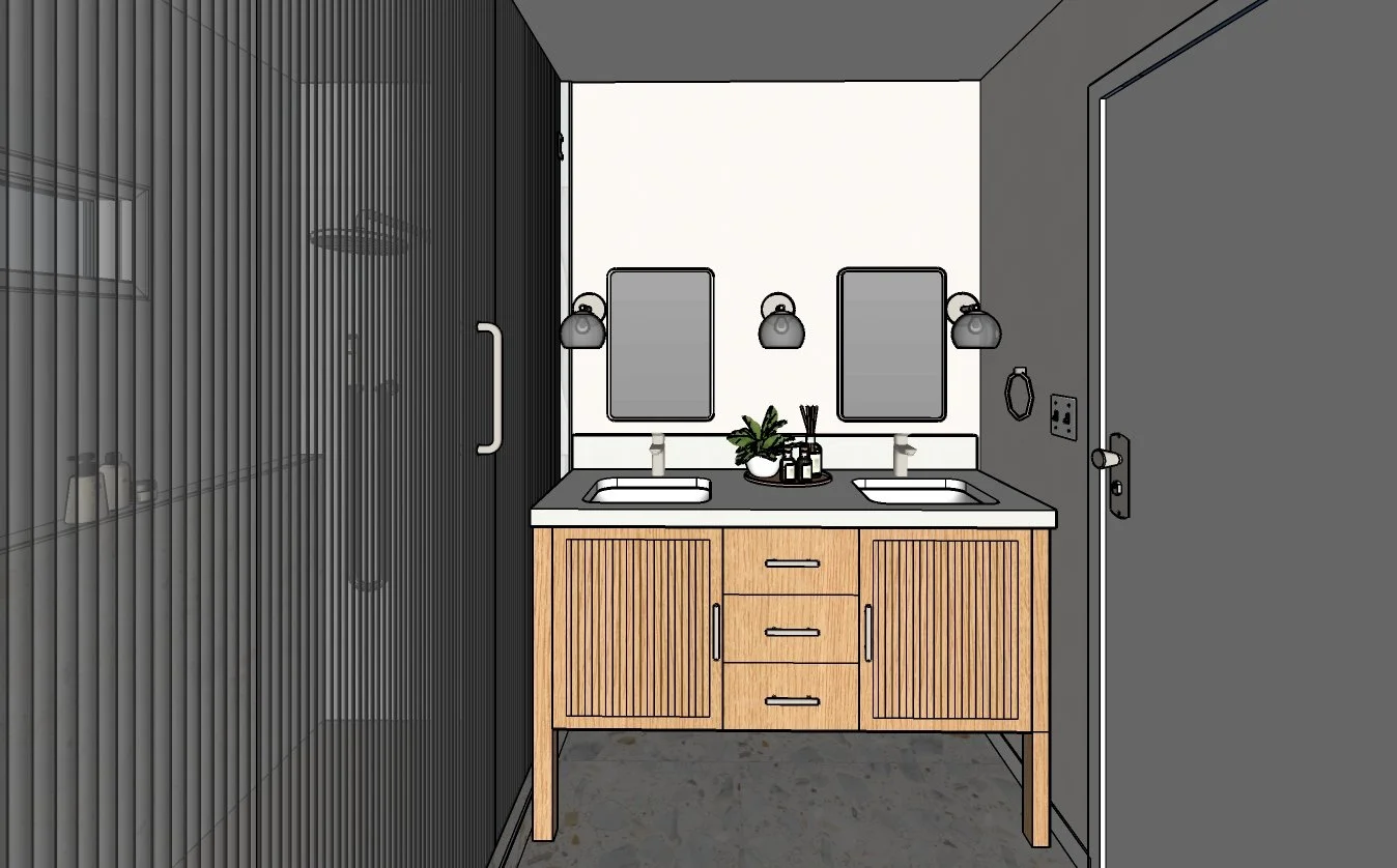 A modern bathroom with a double sink vanity, two mirrors, wall-mounted lights, and a black and wood color scheme. A shower with a glass door is on the left side.