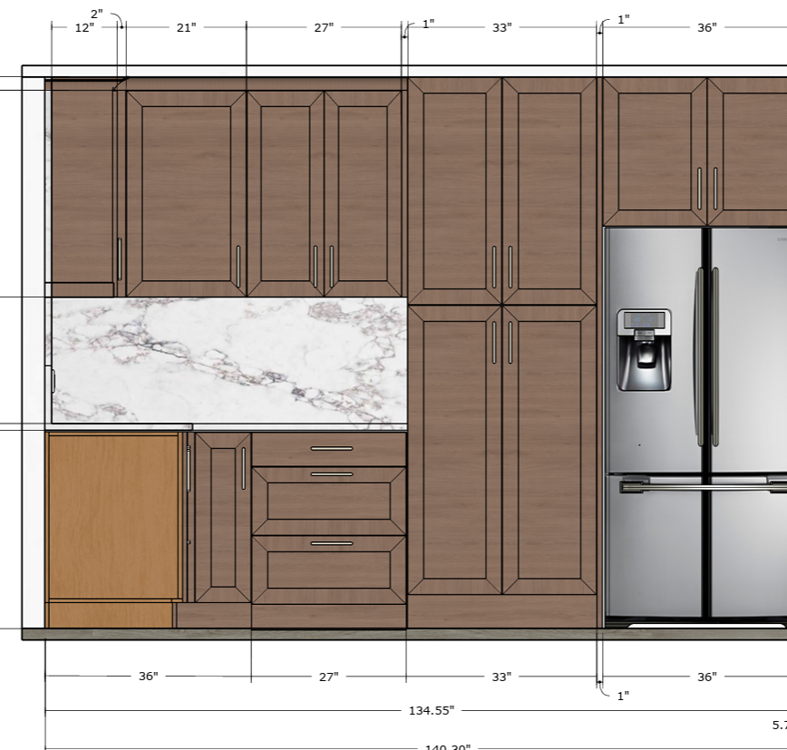 A detailed kitchen cabinet and appliance layout drawing with dimensions.