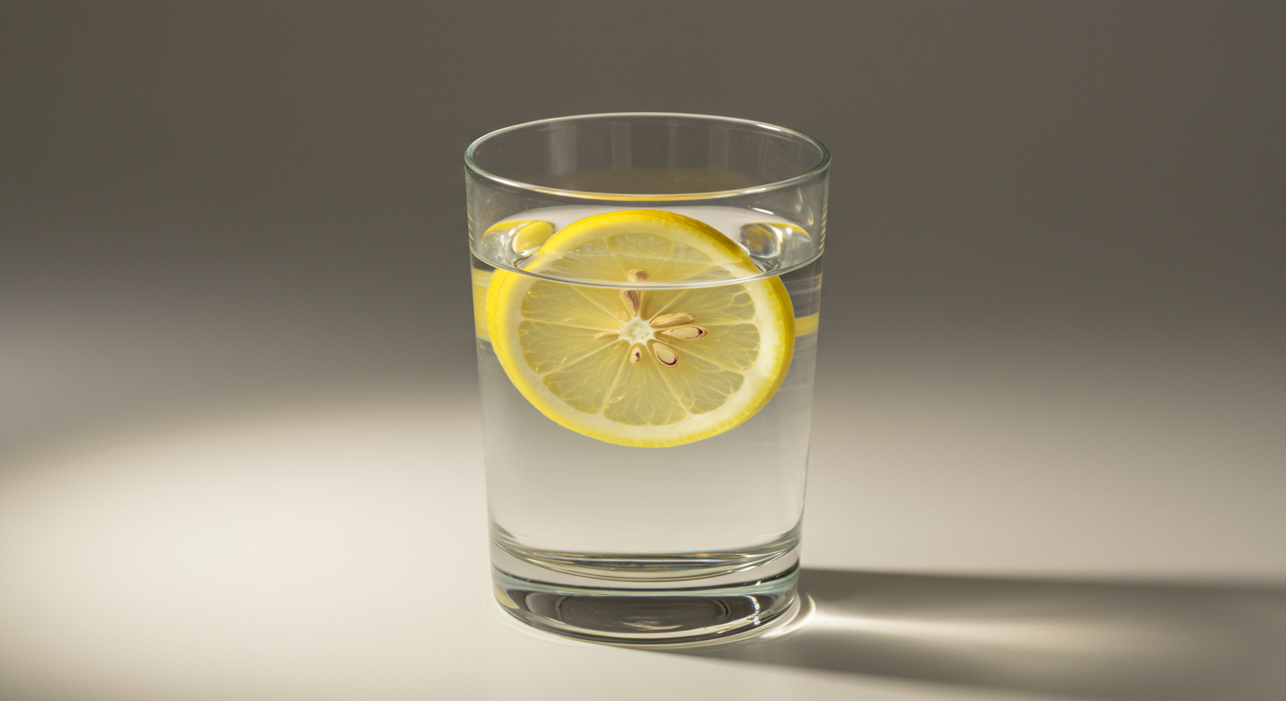 A clear glass of water with a lemon slice floating inside, casting a shadow on the surface below.