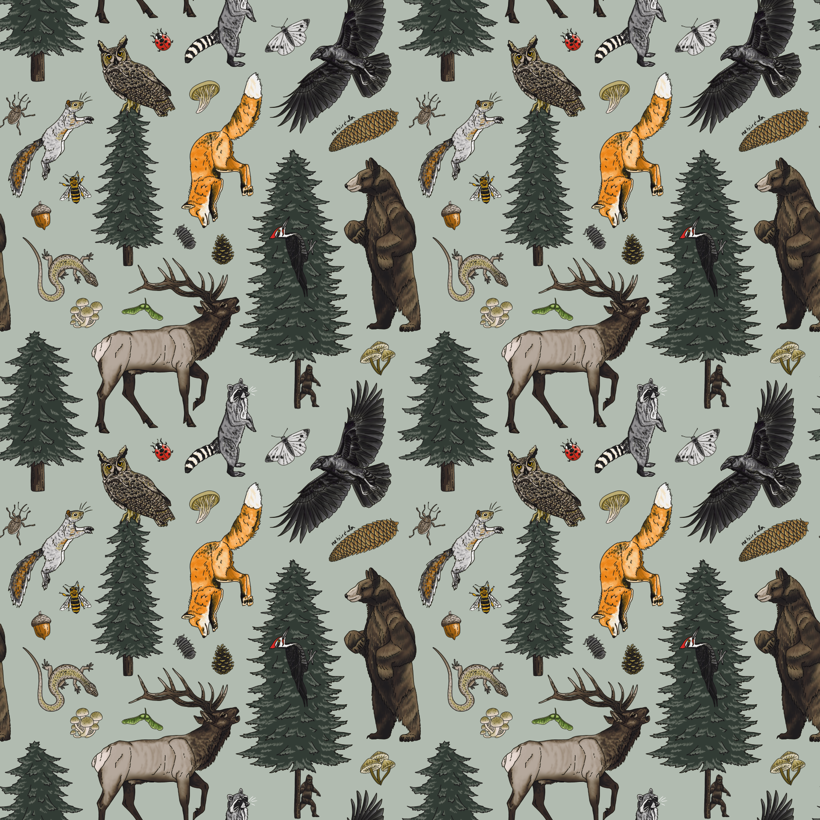 Repeat pattern made of North American wildlife and flora of bear, fox, owl, crow, woodpecker, squirrel, racoon, elk, lizard, moth, wasp, weevil, isopod, pinecone, acorn, twirling seeds, mushrooms, and pine trees. Background is a sage green.