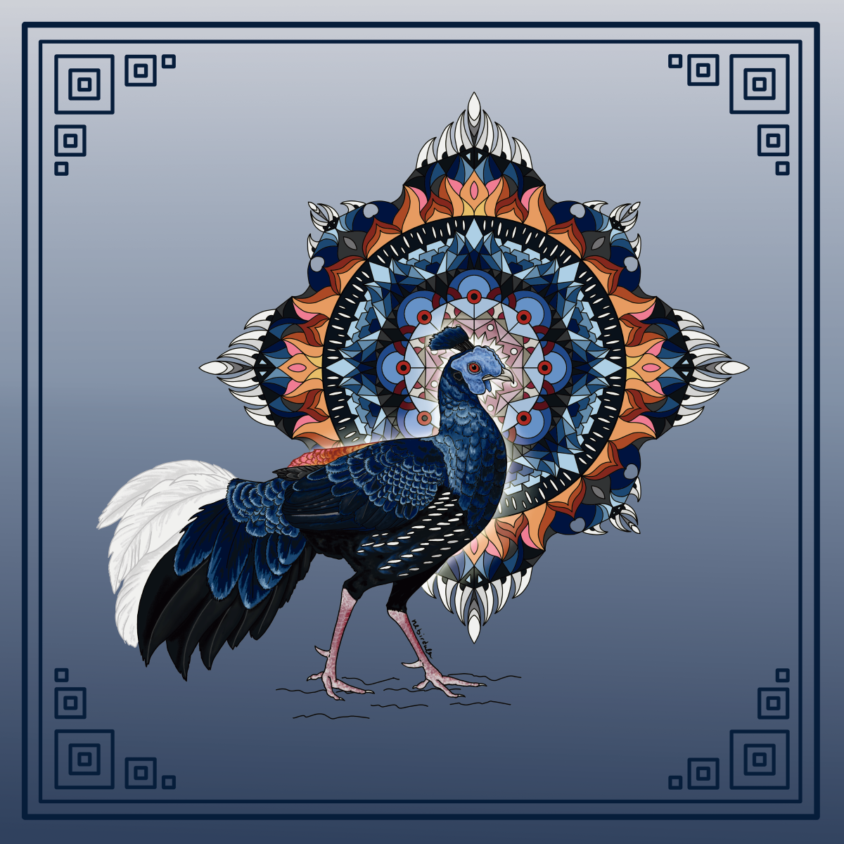 Malayan Crested Fireback, a large pheasant bird with a geometric radial design behind. There’s a border with square designs in the corners. Colors include vibrant blues, oranges, reds, and white.