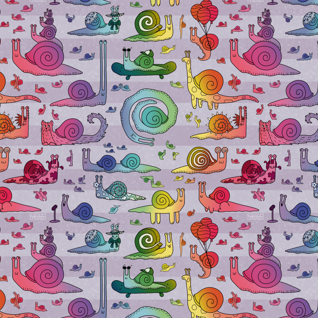 Repeat pattern of cartoon snails doing silly things and taking silly forms. There are many tiny snails also. The snails are colored in a vibrant rainbow gradient, the background is purple stripes.