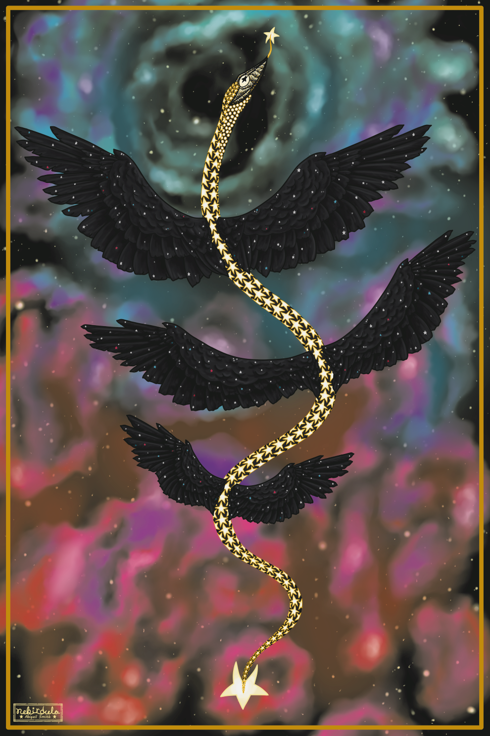 A snake rising up the center, the snake has stars for scales, a star on it's tail, and a star at the end of its tongue. It has 3 pairs of black wings flecked with stars. The background is outer space with a blue, pink, and purple nebula.