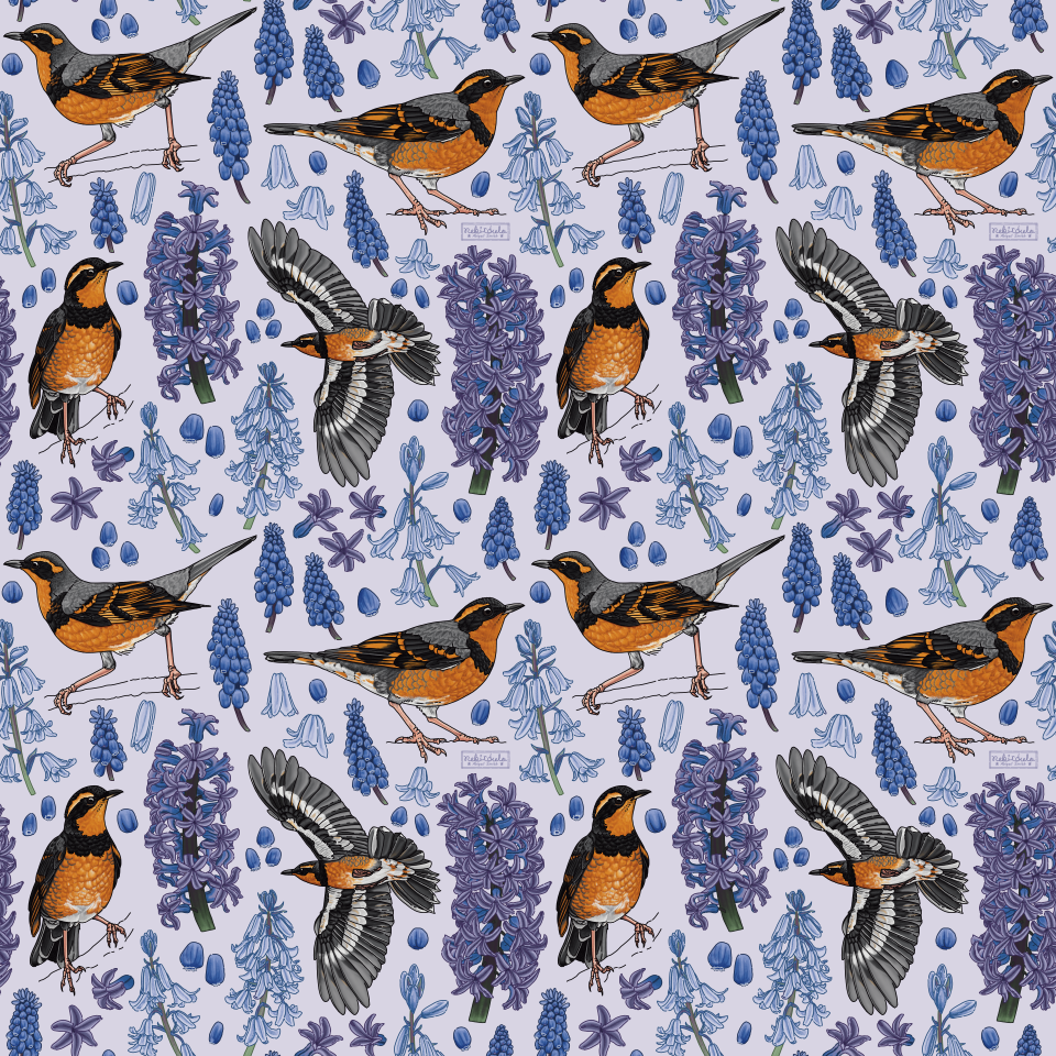 Repeat pattern made of birds and flowers. The birds are varied thrushes, a species of bird with bright orange plumage. The flowers are hyacinth, grape hyacinth (muscari), and spanish bluebells. The background is purple, making the pattern predominant