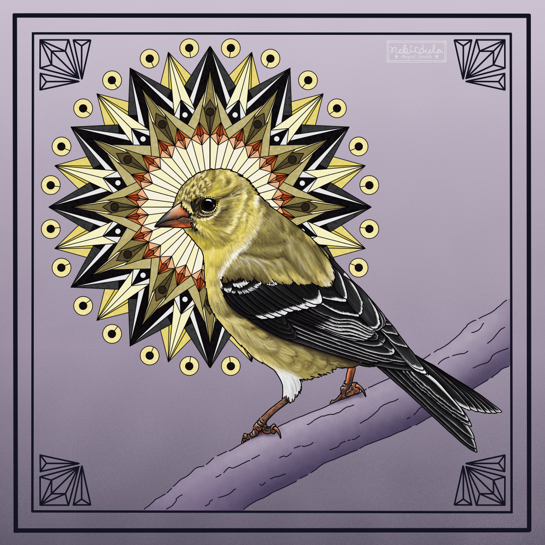 American Goldfinch with female plumage and  a geometric radial design behind the bird. There’s a border with diamond-like designs in the corners. Colors include golds, yellows, and black in the front, dusky purple in the back.