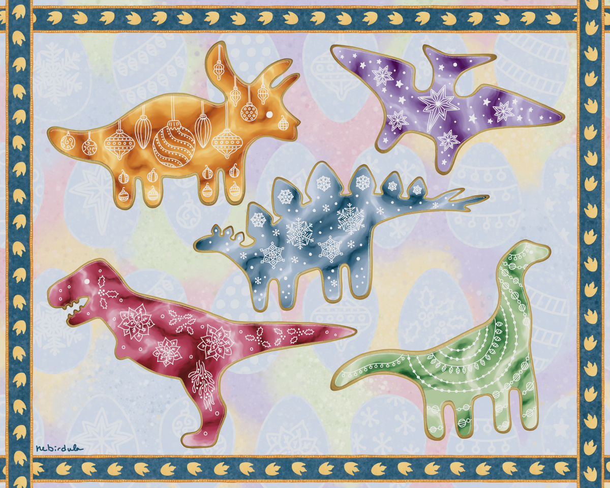 Drawing of dinosaur shaped sugar cookies, each with colorful marbled icing along with white icing details that are holiday themed. There's a green brontosaurus with lights and garland, a blue stegosaurus with snowflakes, a purple pterosaur with stars