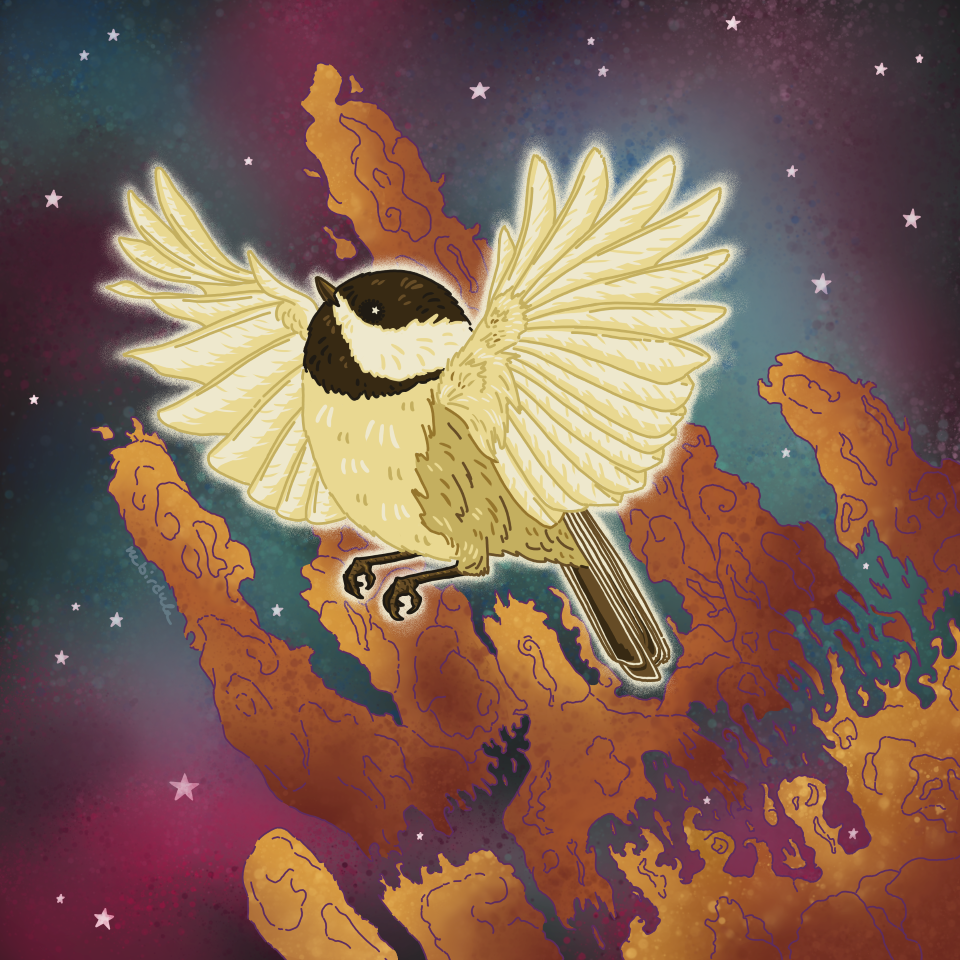 Digital drawing of a golden chickadee flying in space, with nebula clounds behind it that resemble the "Pillars of Creation" nebula.
