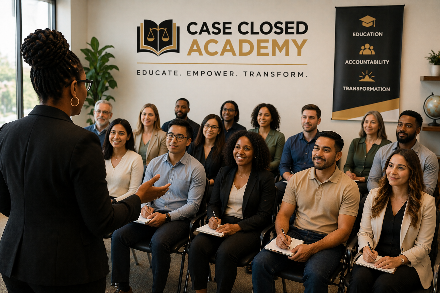 A woman speaking to an audience of diverse adults in a classroom or seminar setting at Case Closed Academy, with a large sign on the wall displaying the academy's logo and motto 'Educate. Empower. Transform.' and a banner highlighting education, accountability, and transformation.