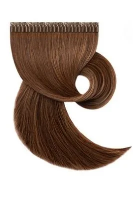 A sample of hair extension or wig clip-in hair piece in a light brown color.