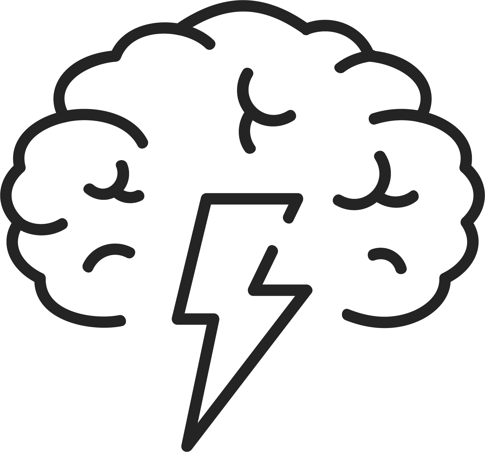 Outline of a brain with a lightning bolt in the center, symbolizing a mental or cognitive storm or idea.