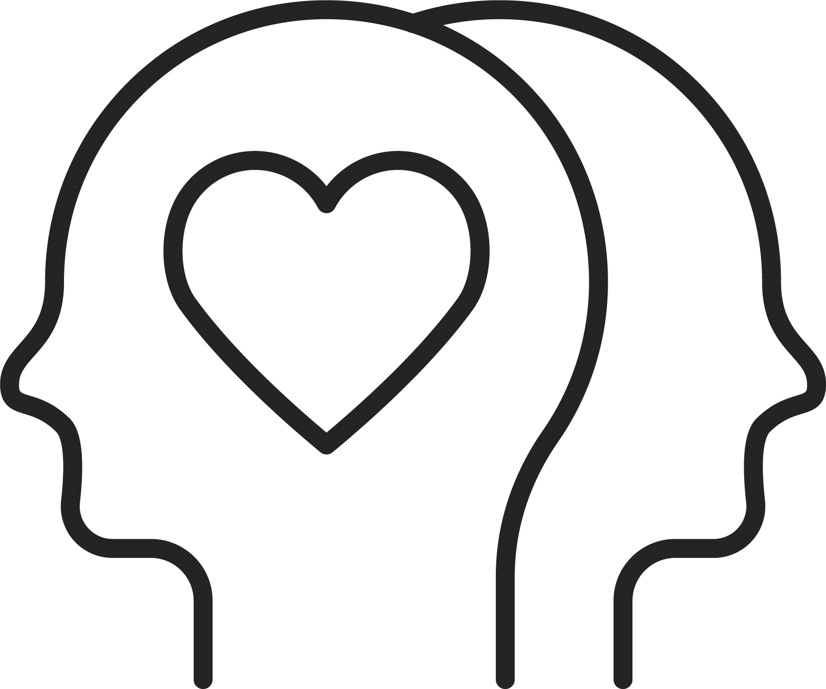 Outline of two human heads facing each other with a heart inside the head on the left.