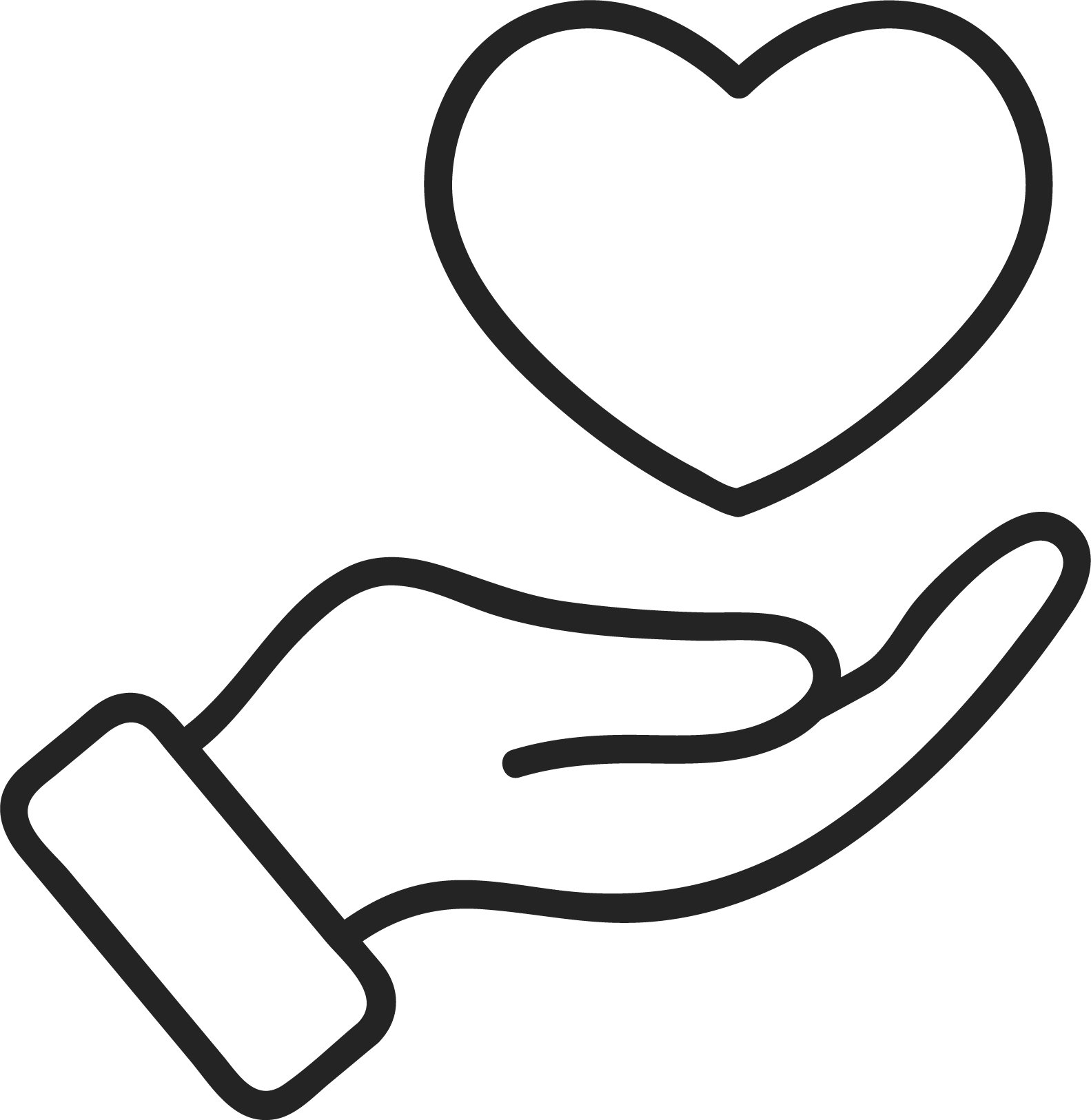 A line art drawing of a hand holding a heart icon with a cross inside it.