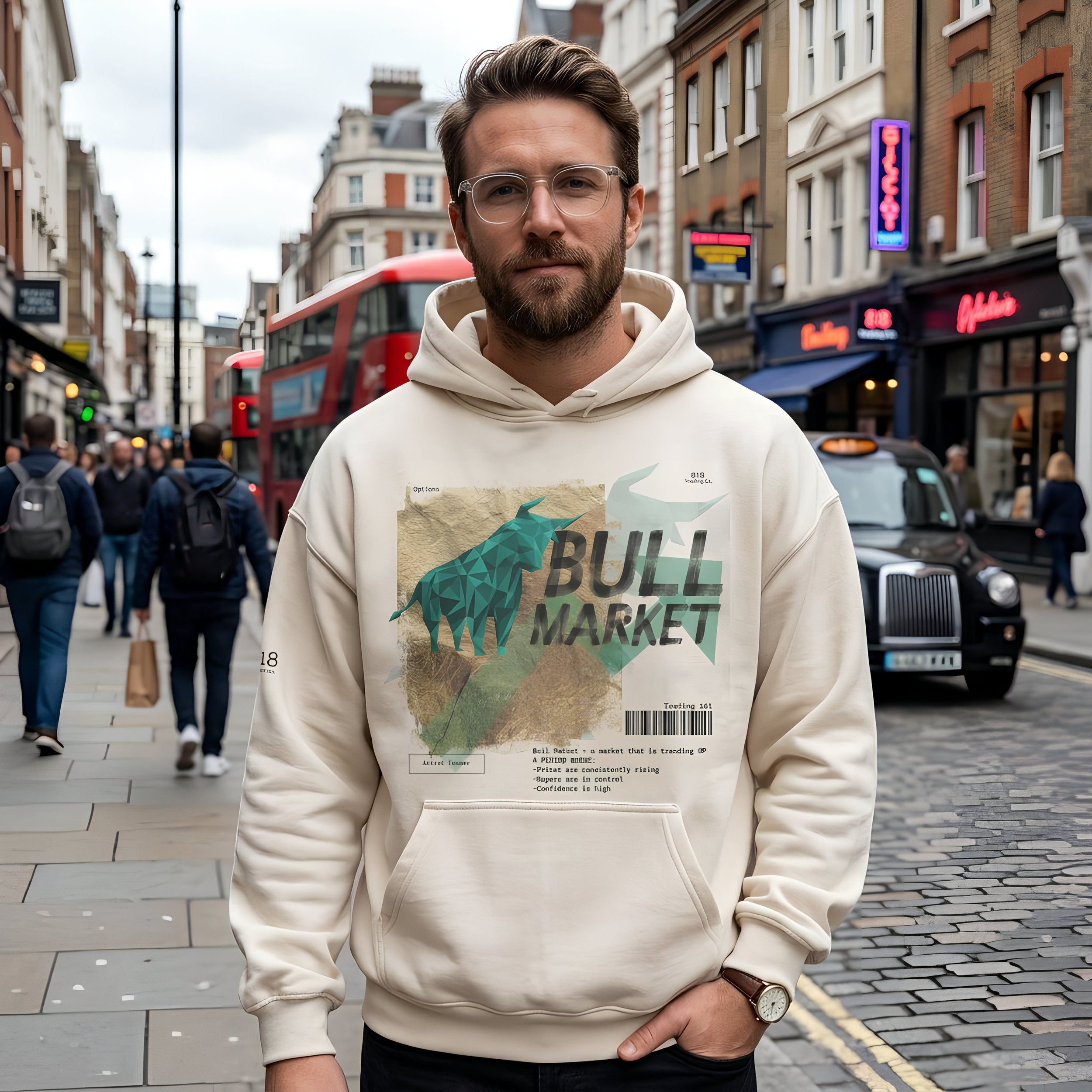 A man with brown hair, wearing glasses and a beige hoodie, standing on a busy city street with buildings, shops, and a red bus in the background.
