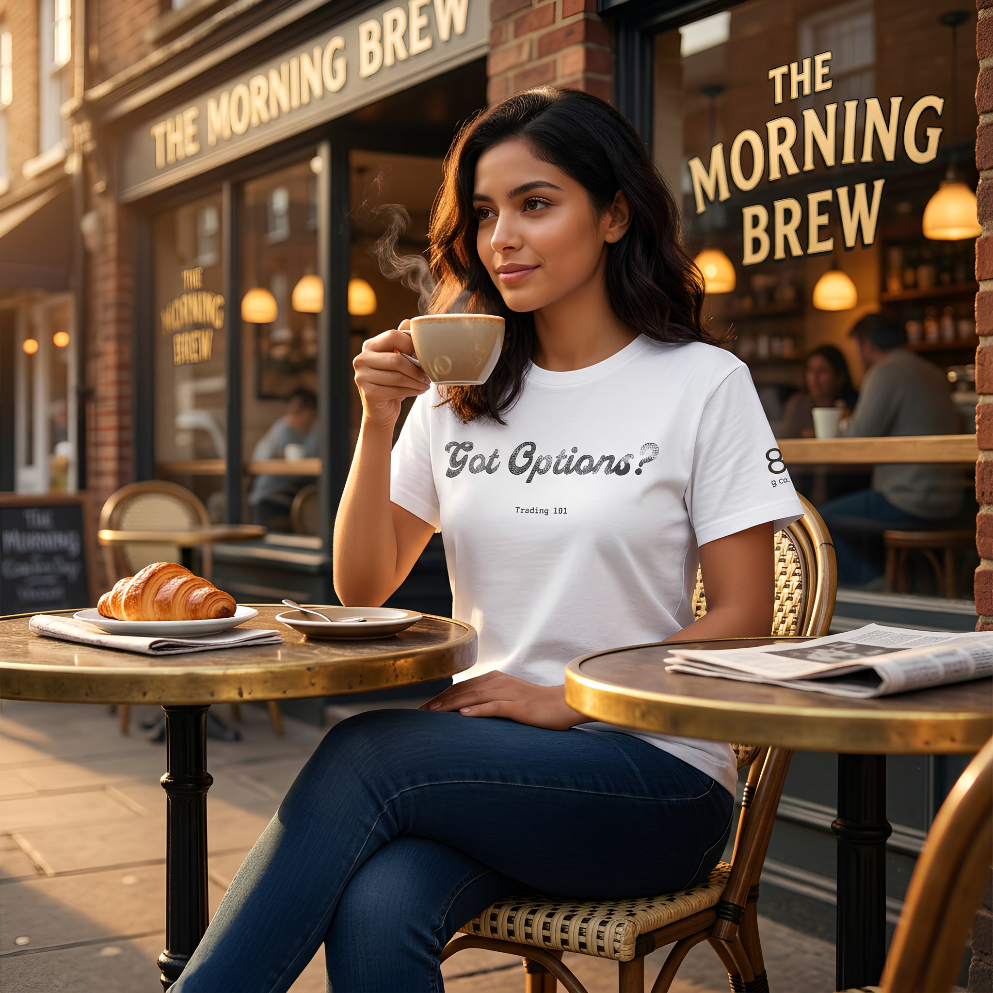 A young woman with dark hair, wearing a white T-shirt and blue jeans, sitting at an outdoor cafe table, drinking coffee. The cafe has a sign that reads 'The Morning Brew' and large windows with warm lighting inside.