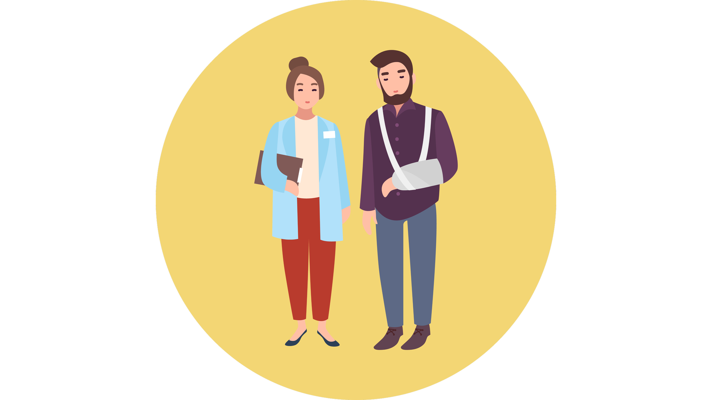 Illustration of a woman with a broken arm and a man with a sling, both standing with neutral expressions.
