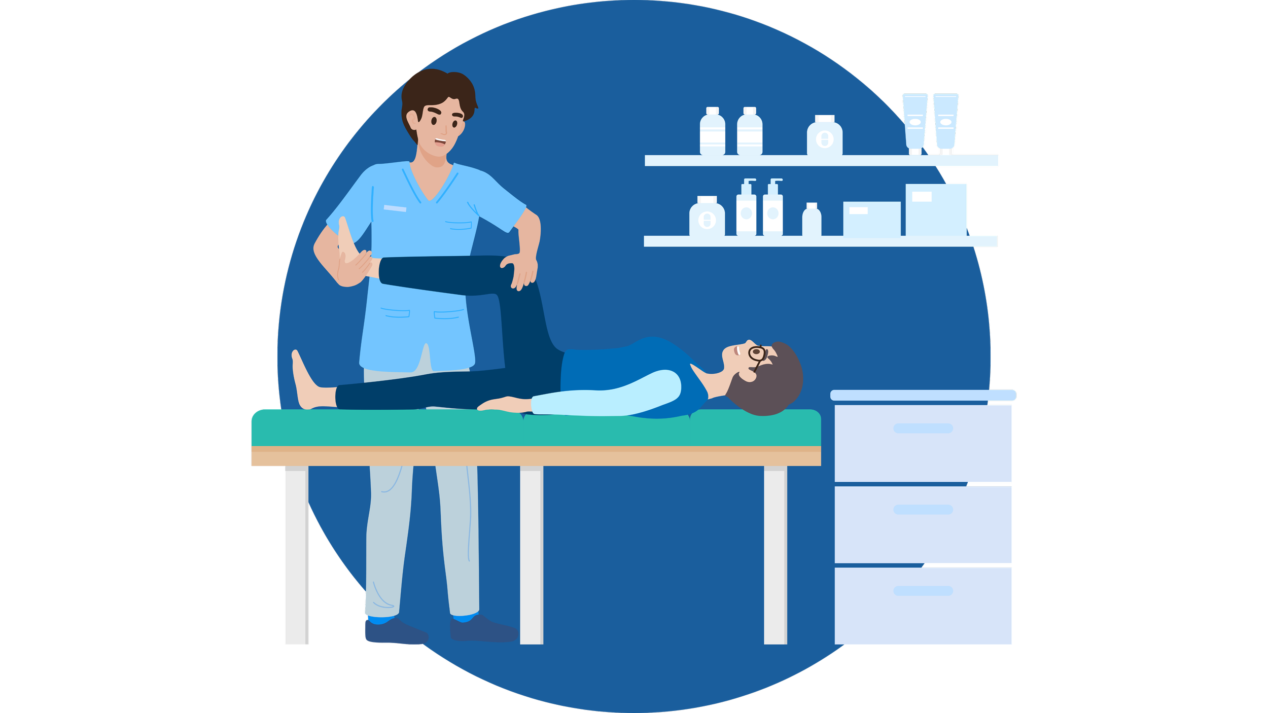 Illustration of a healthcare professional adjusting a patient's leg while the patient lies on an examination table in a medical office with shelves of supplies in the background.
