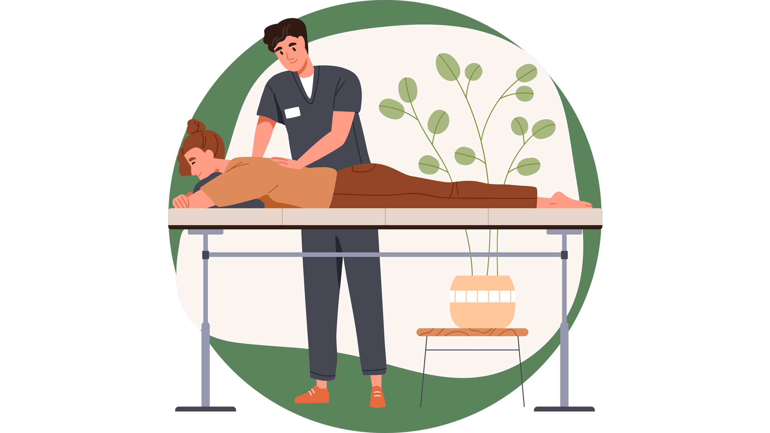 Illustration of a person receiving a massage from a massage therapist in a tranquil room with plants.
