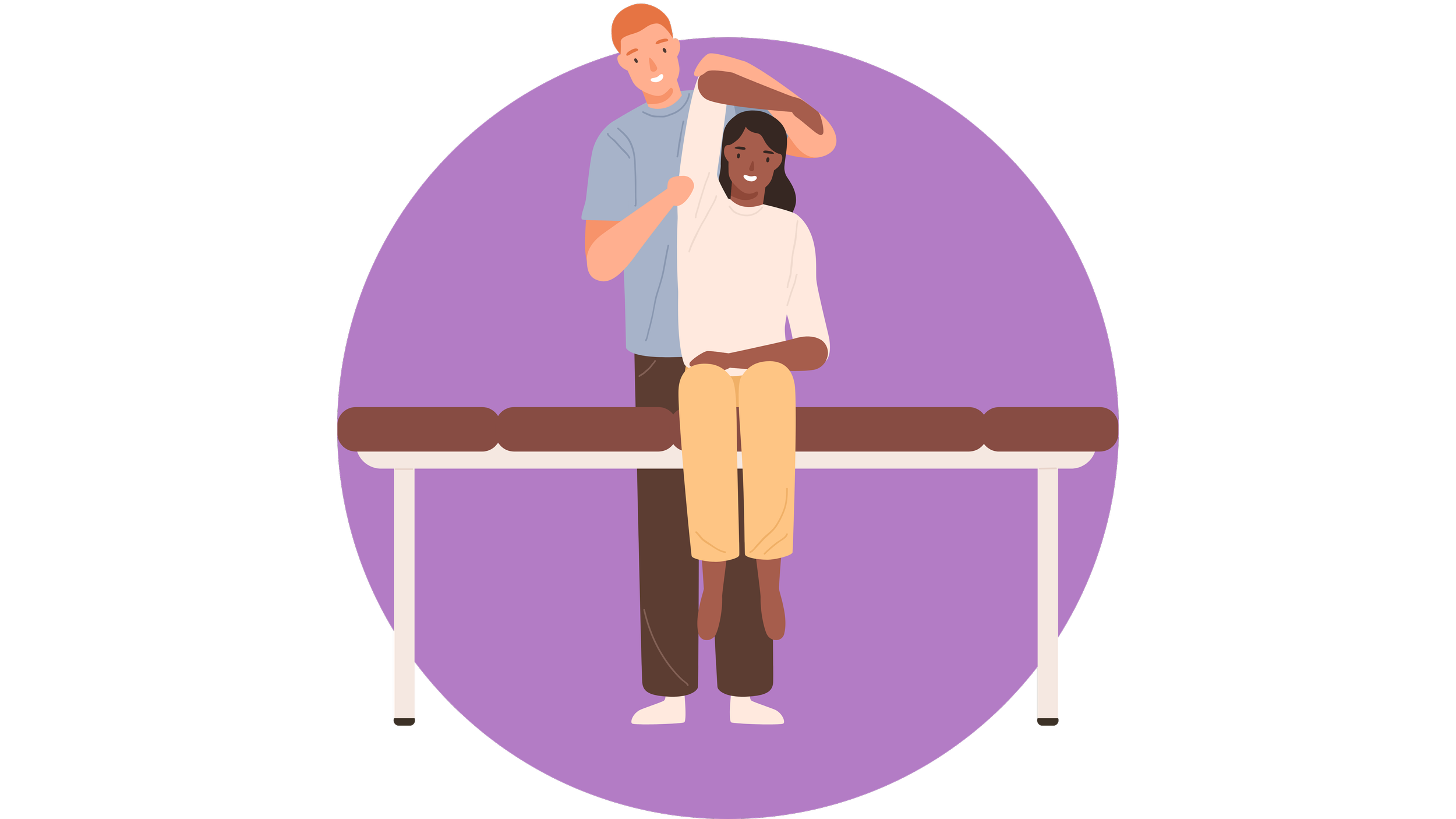 A doctor standing behind a patient sitting on an examination table, performing a medical check-up with a stethoscope.