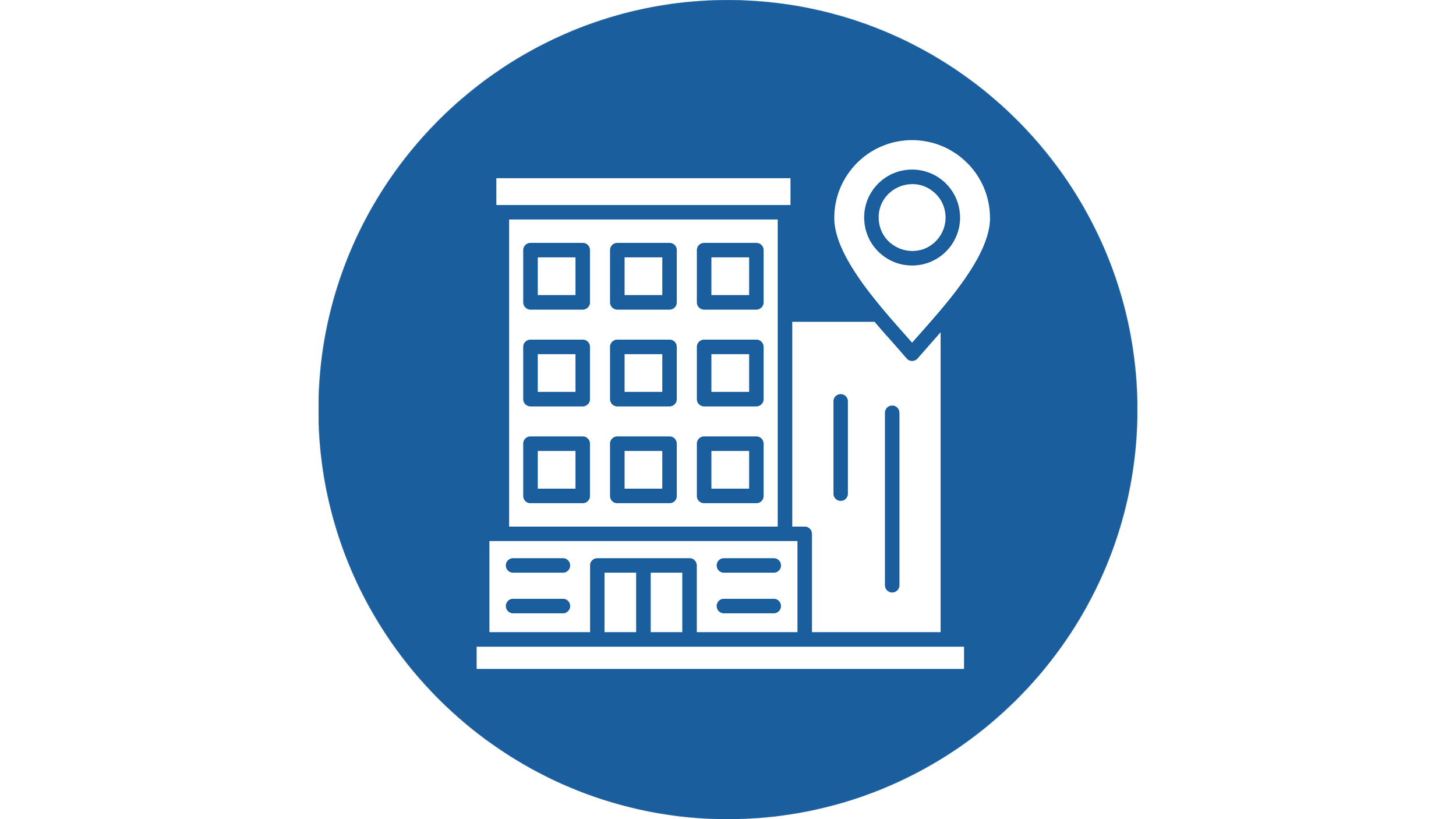 Icon of a building with nine windows, a door, and a parking sign next to it, all inside a blue circle.