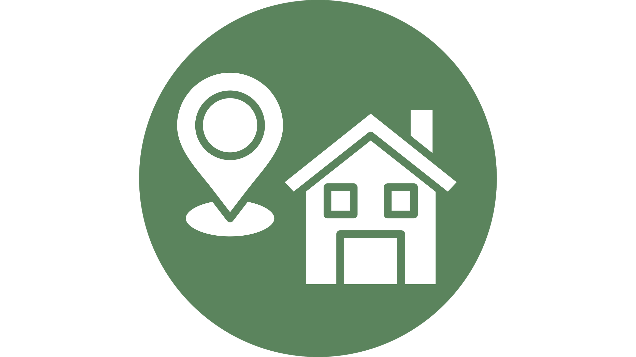Icon of a house and a location pin inside a green circle