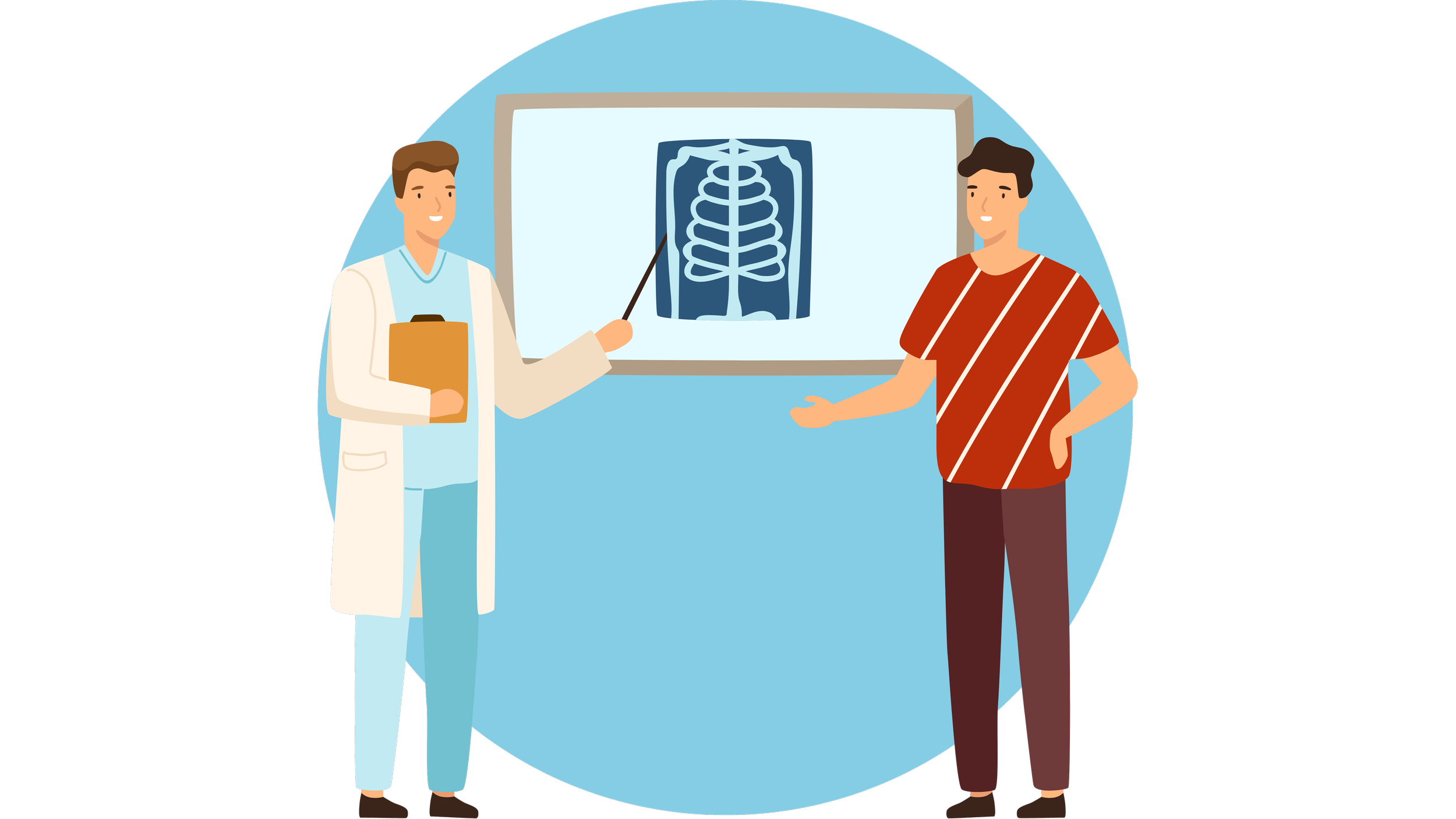 A doctor shows an X-ray of a chest to a patient in a clinical setting.