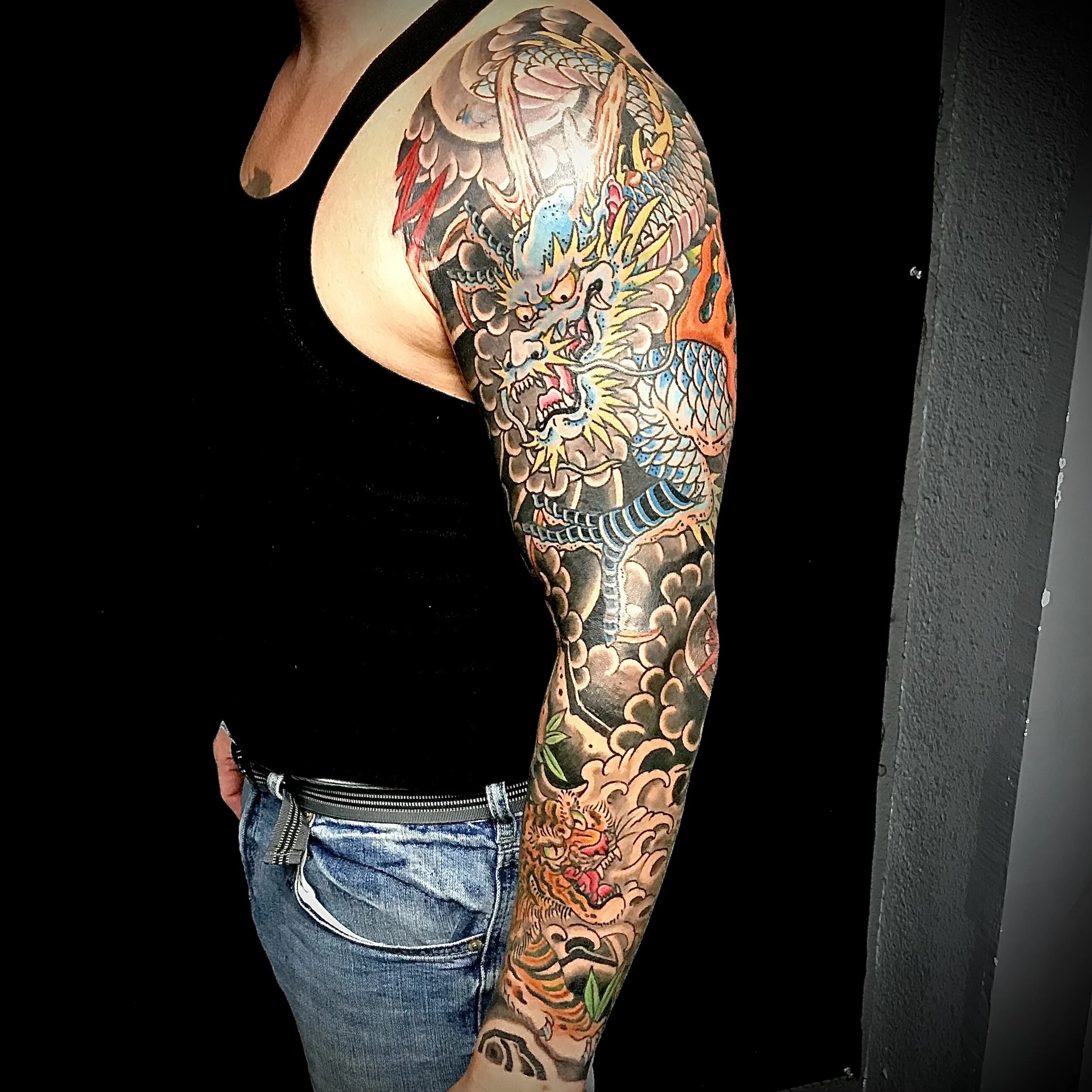 tiger, dragon, Japanese tattoo, sleeve