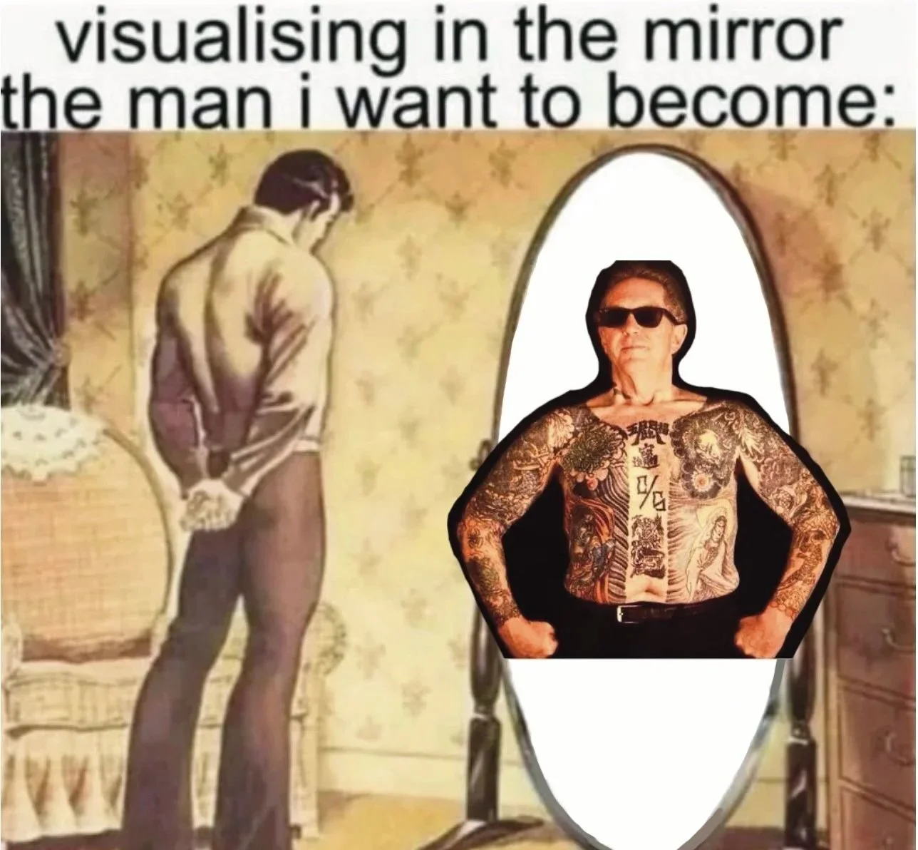 Image showing a vintage cartoon of a man looking into a mirror with a superimposed modern photo of a tattooed man wearing sunglasses, with the caption: 'visualizing in the mirror the man I want to become'.