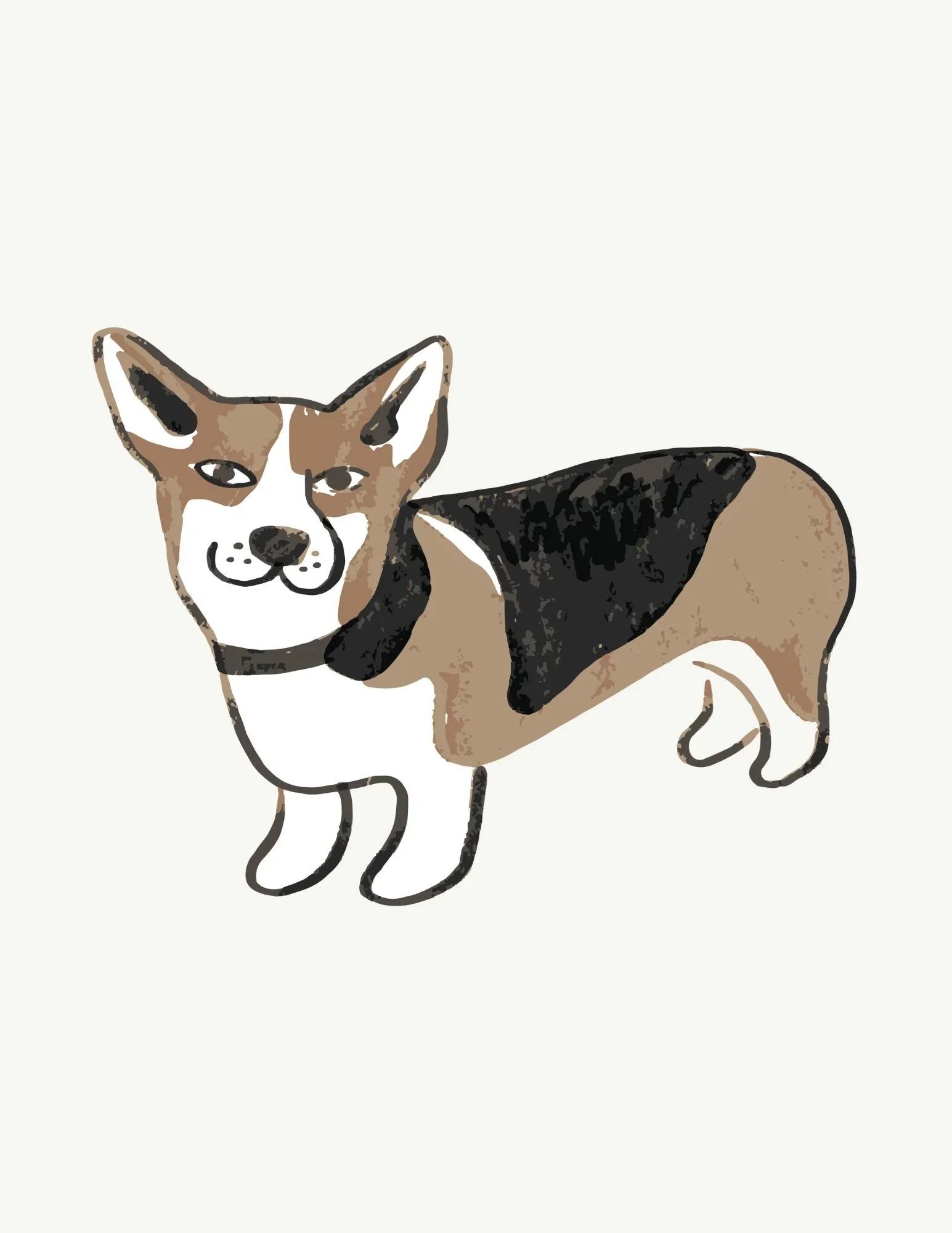 Illustration of Lily, Payne Westwood's mascot. A lovely corgi with a black and tan coat, sitting on a light background.
