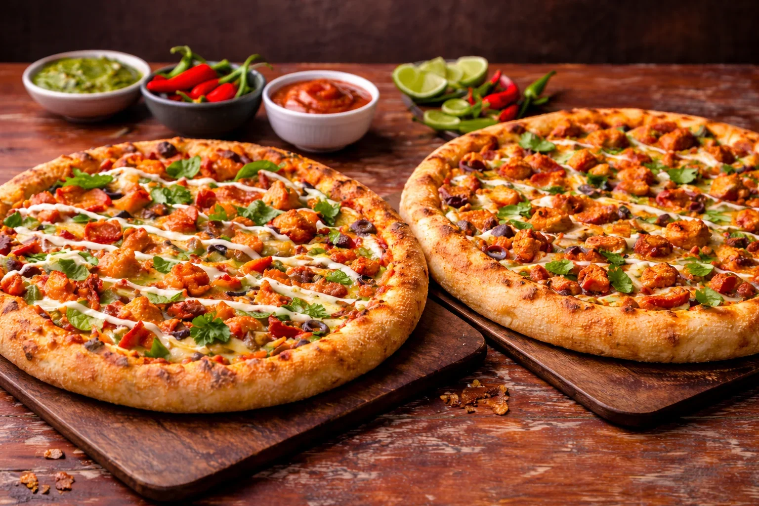 Two freshly baked pizzas with various toppings on wooden boards, with small bowls of spicy sauce, salsa, and chopped green chili peppers in the background.