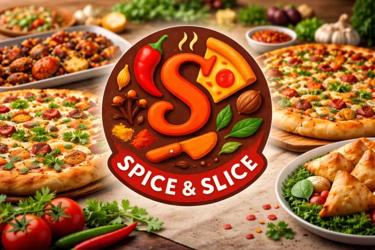 A smiling logo for Spice & Slice featuring a chili pepper, a slice of pizza, a chef's knife, and herbs, surrounded by various pizzas and vegetables.