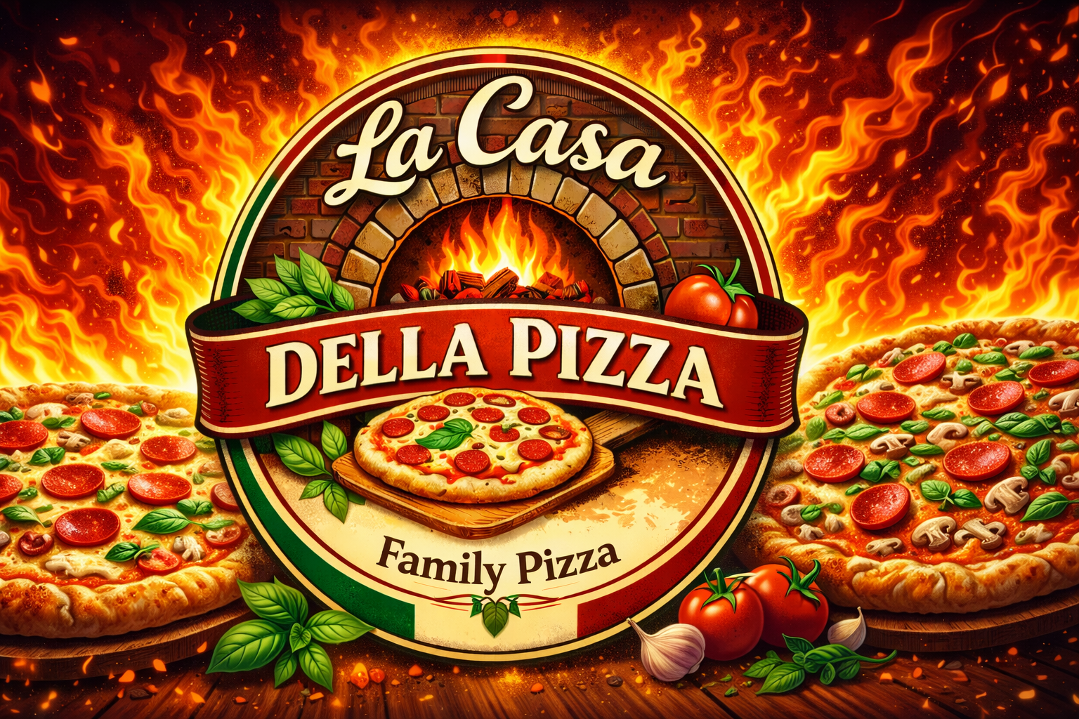 A pizza restaurant sign featuring the name La Casa Della Pizza with a background of a fiery fire pit and images of pizzas topped with pepperoni, mushrooms, and vegetables, along with tomatoes, garlic, and basil leaves.